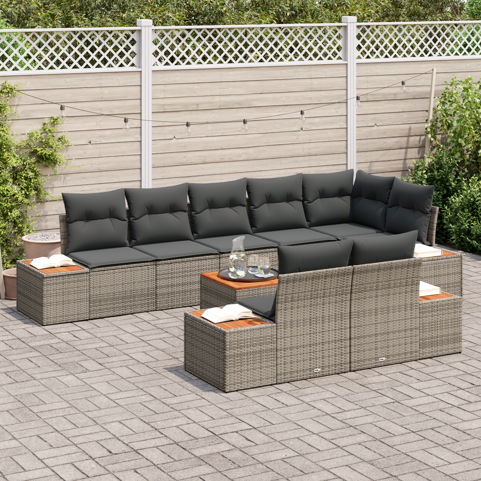 vidaXL 9-delige Tuinbankenset met kussens poly rattan acacia grijs