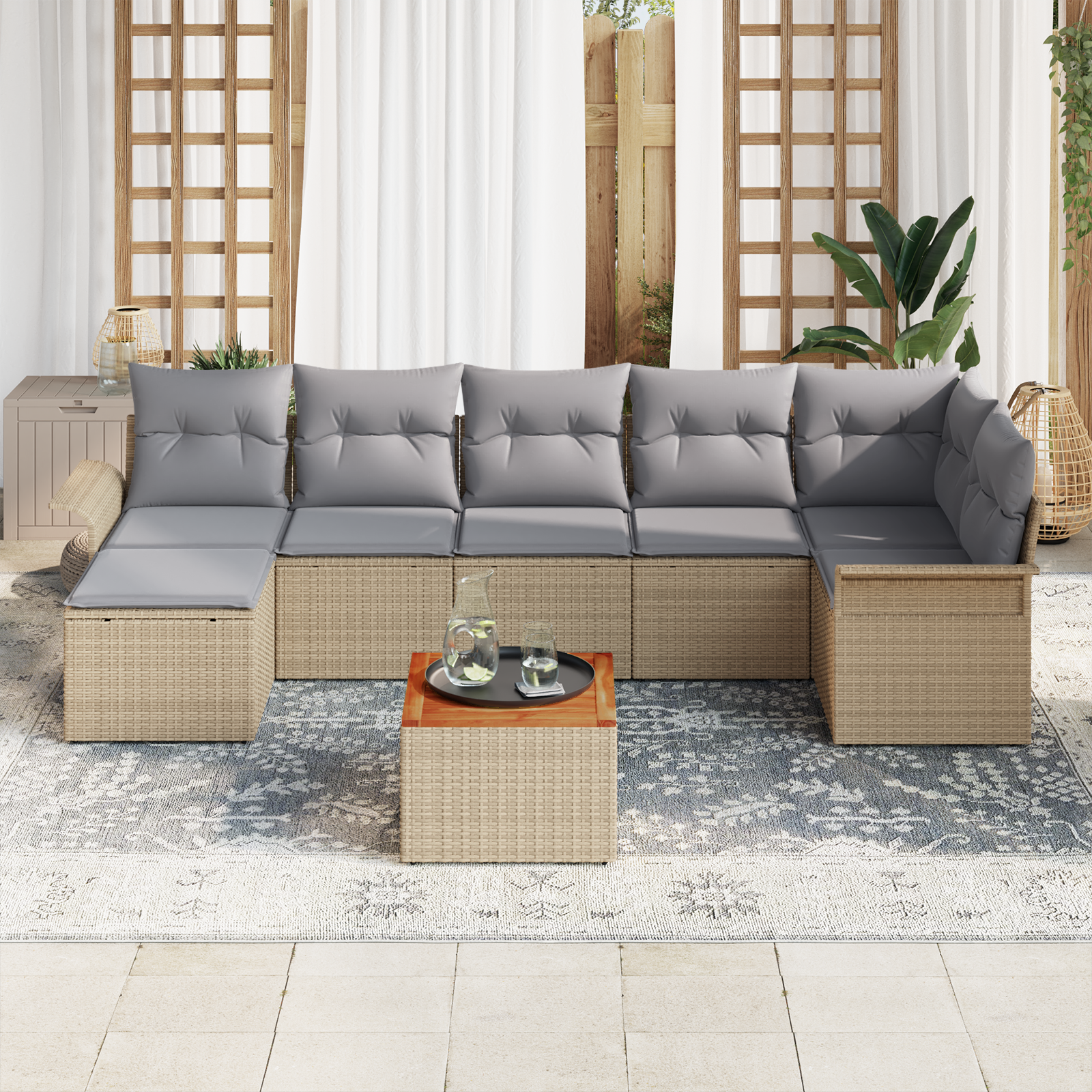 vidaXL 8-delige Tuinbankenset met kussens poly rattan acaciahout beige