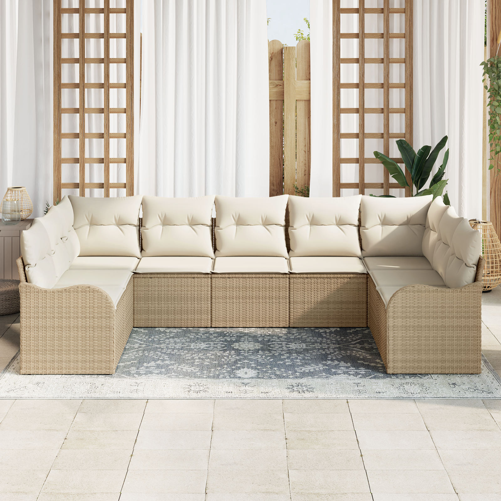 vidaXL 9-delige tuinset met kussens in beige van poly rattan