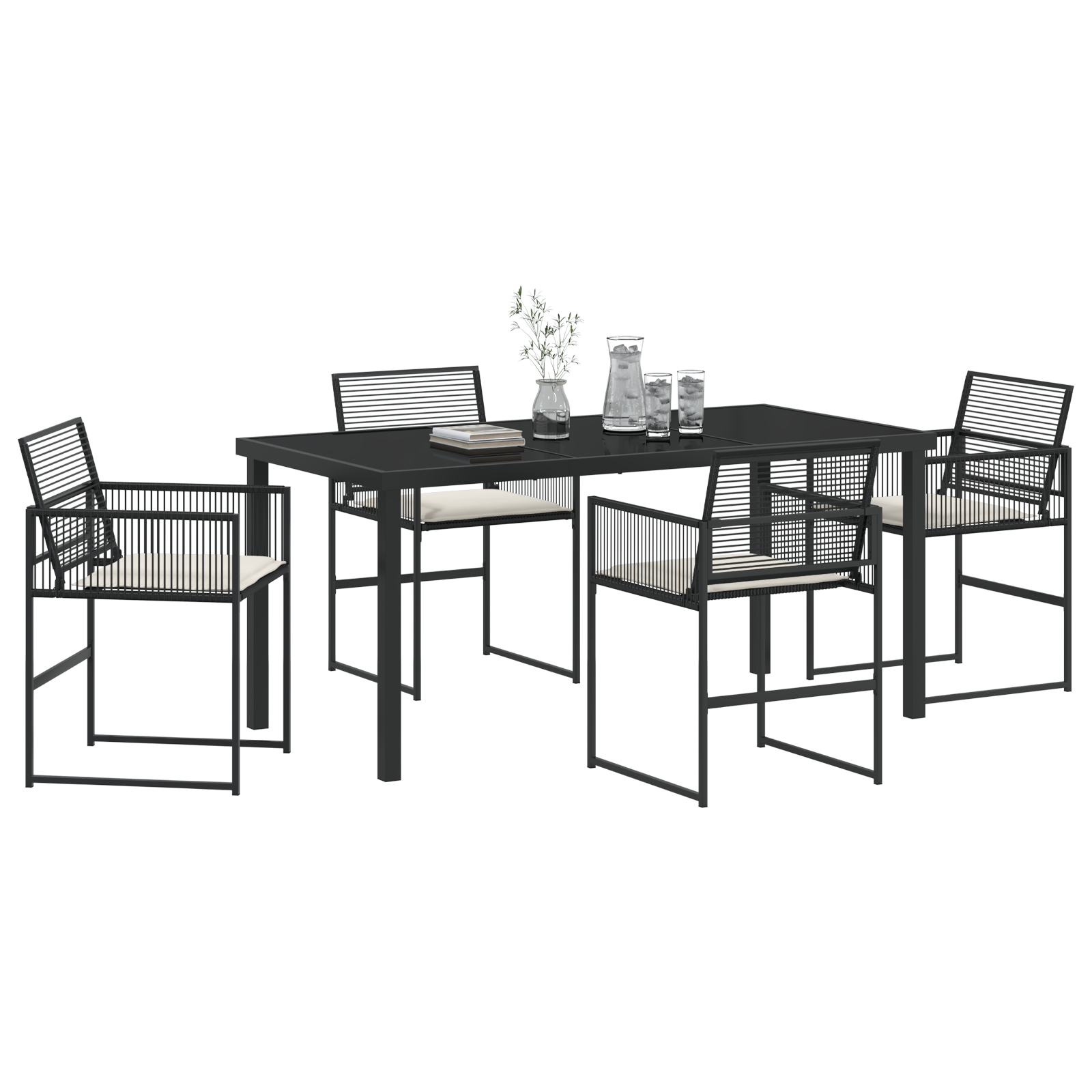 vidaXL 5-delige tuin eetset met kussens Zwart Poly Riet
