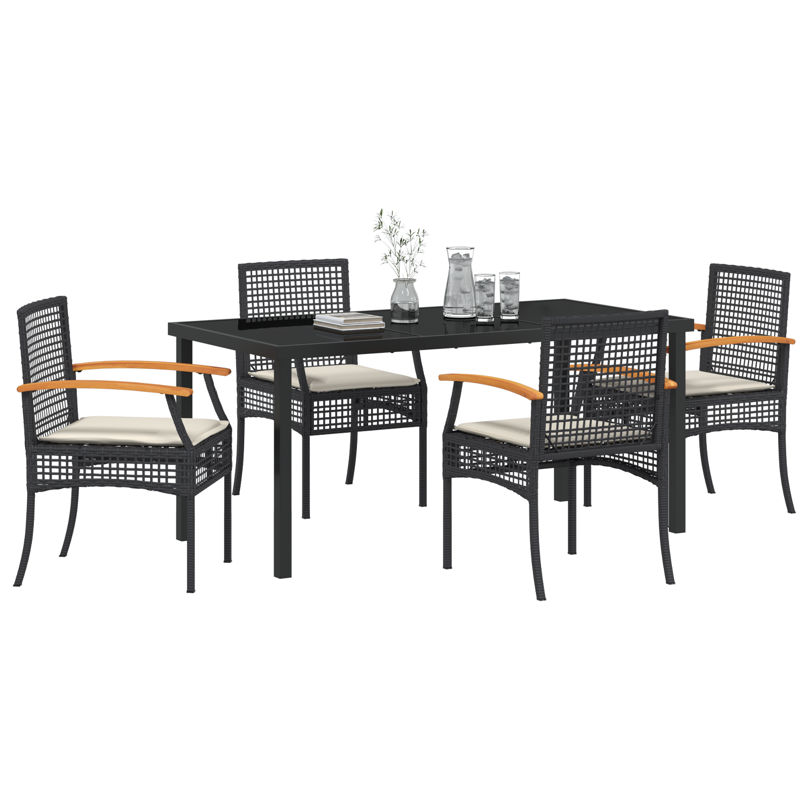 vidaXL 5-delige Tuindining Set met Kussens Zwart Poly Rattan