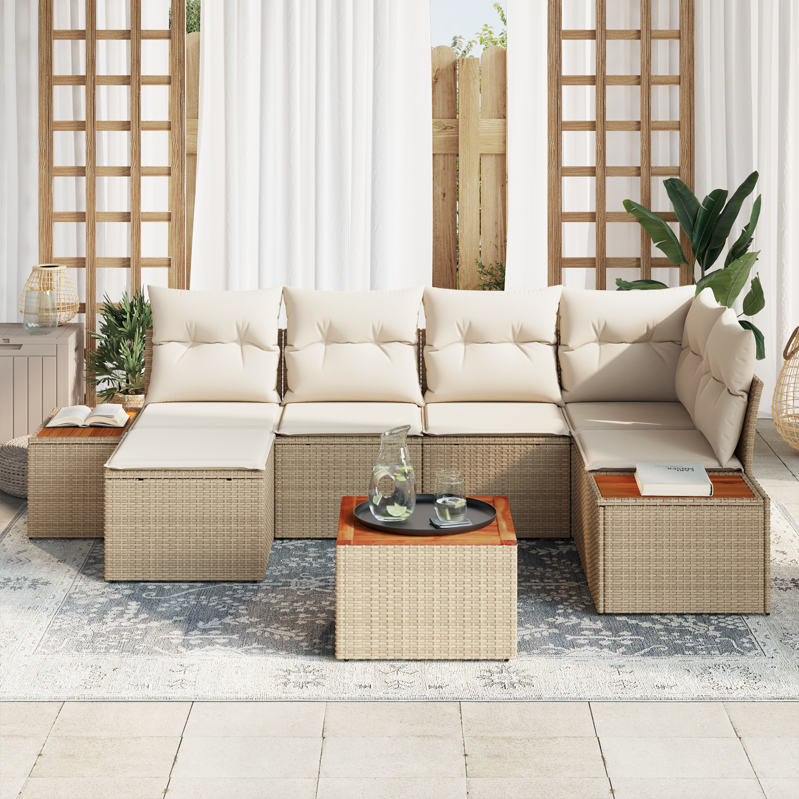 vidaXL 7-delige tuinbankset met kussens in beige poly rattan en acacia