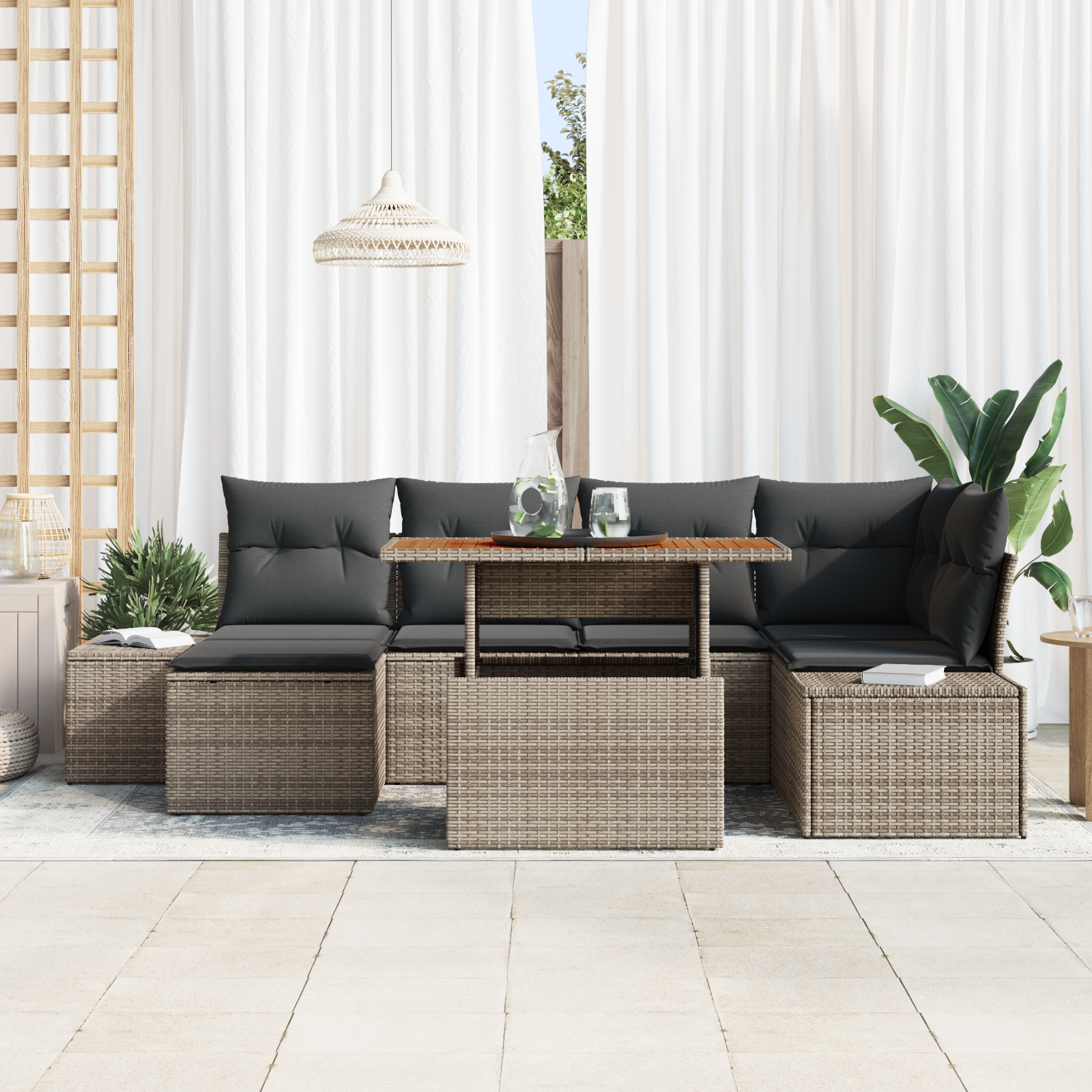 vidaXL 7-delige Tuinset met kussens poly rattan acaciahout grijs