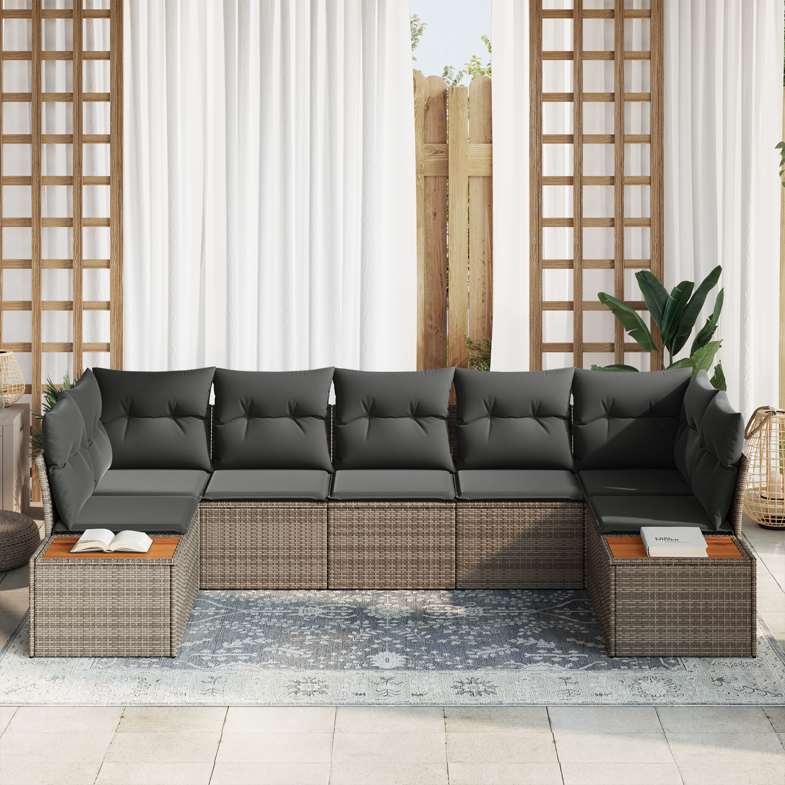vidaXL 7-delige tuinset met kussens in grijs poly rattan en acacia