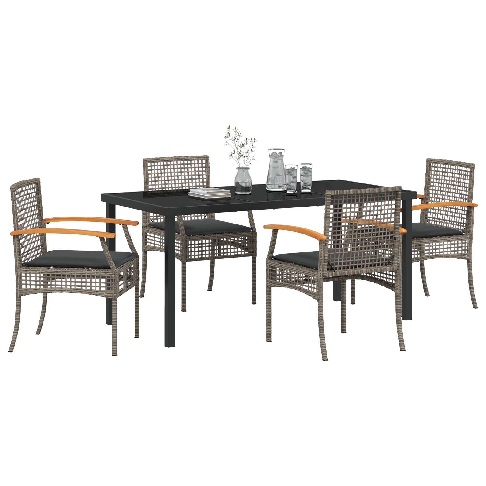 vidaXL 5-delig Tuin Eettafel Set met Kussens Grijs Poly Rattan