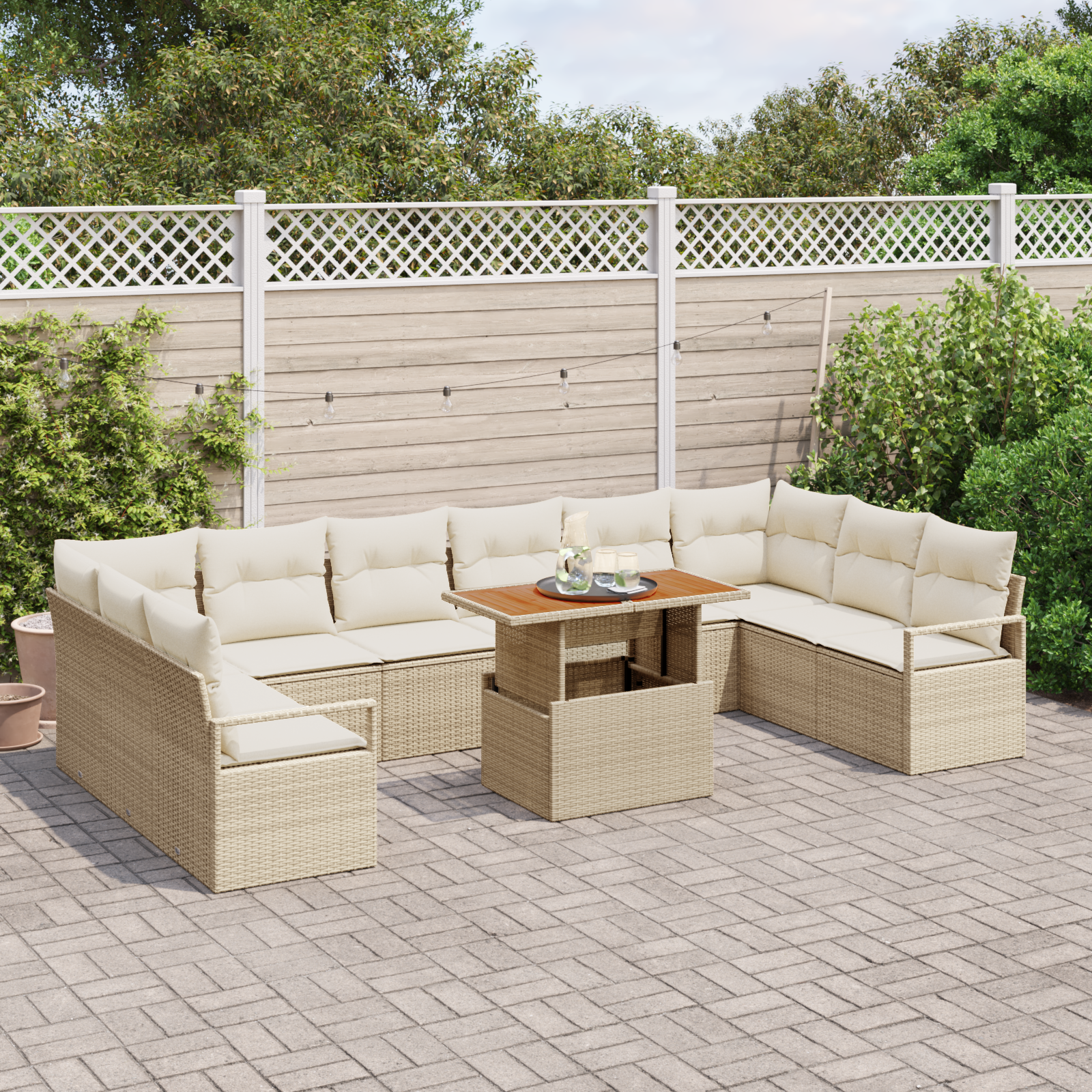vidaXL 11-delige tuinset met kussens in beige, poly riet en acaciahout