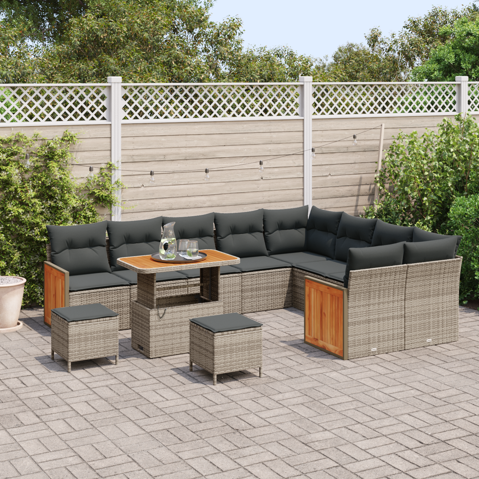 vidaXL 12-delige tuinbankset met kussens in grijs poly rattan en acacia