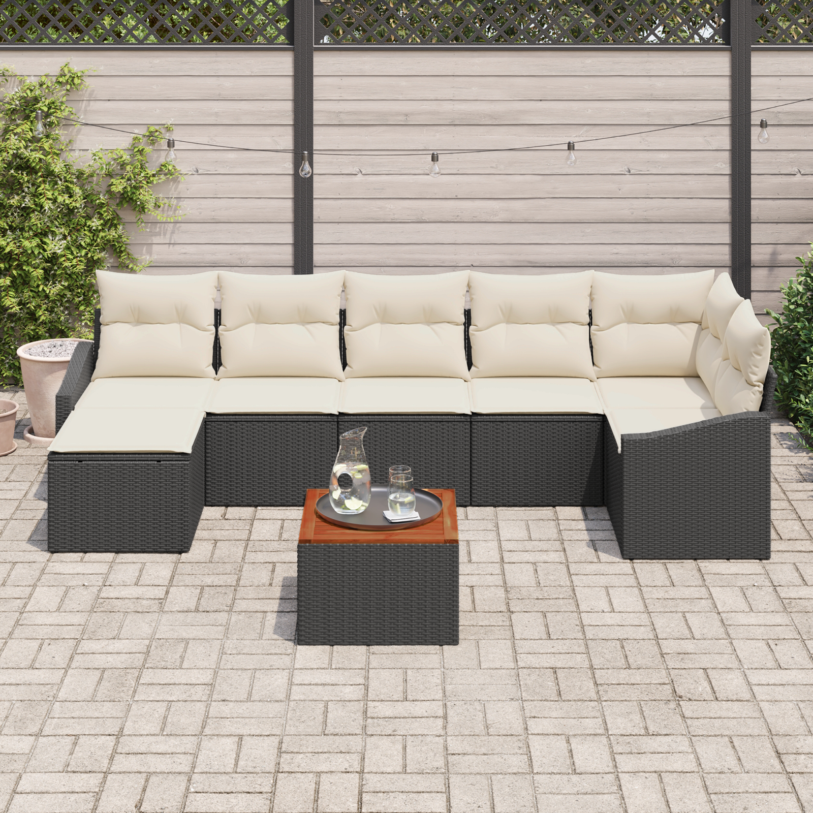 vidaXL 8-delige tuinbankset met kussens zwart poly rattan acacia