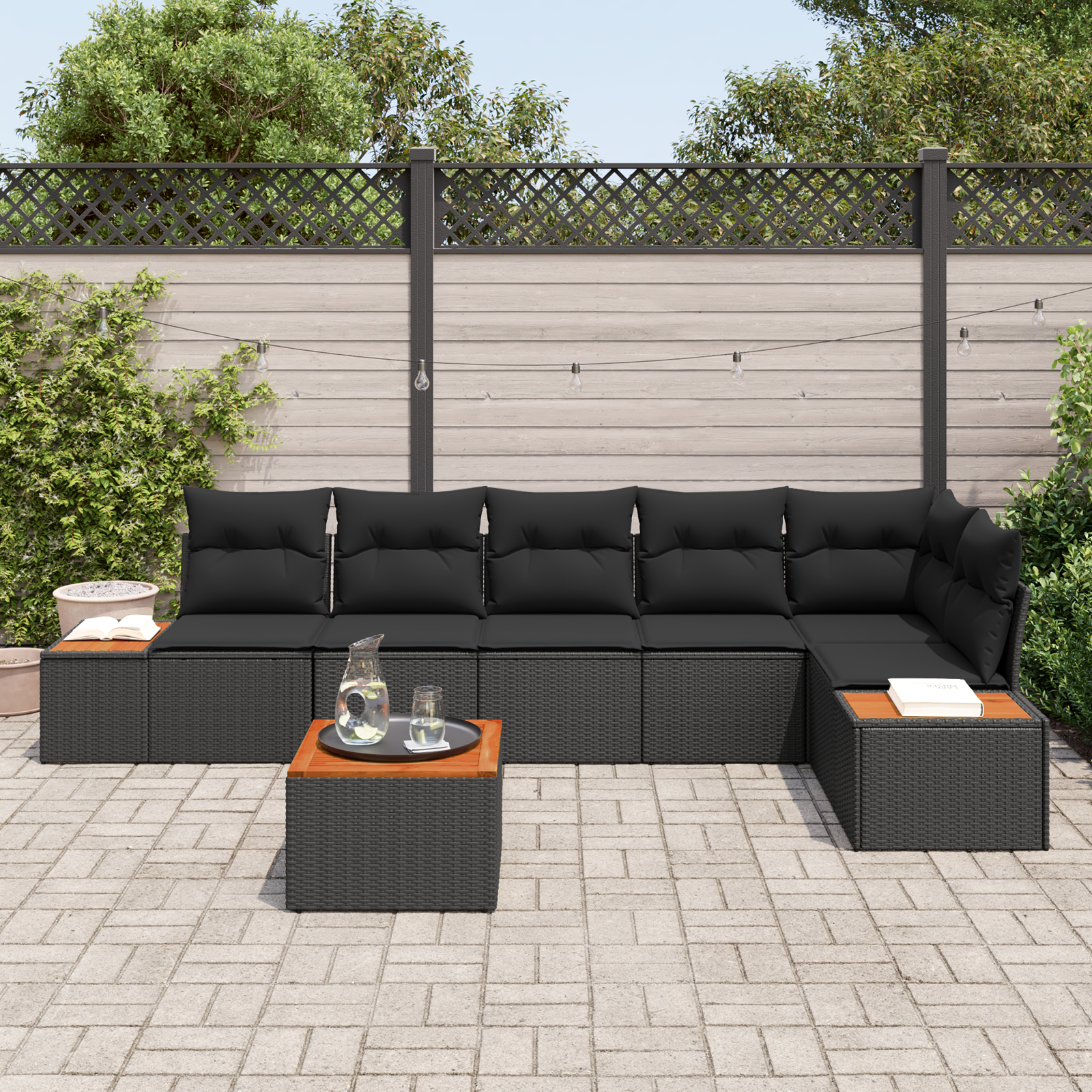 vidaXL 7-delige tuinbankset met kussens - Zwart Poly Rattan en Acacia