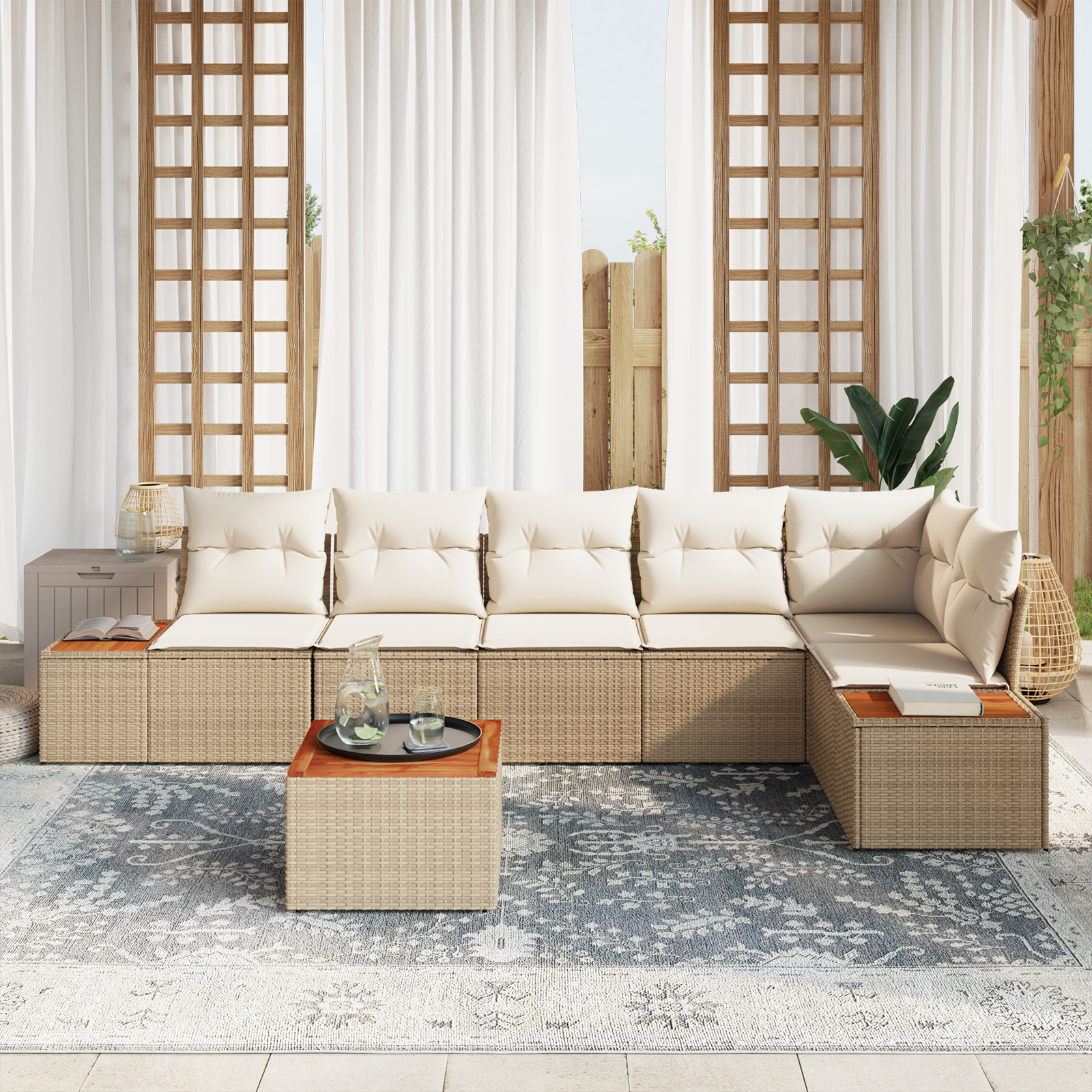 vidaXL 7-delige tuinset met kussens in beige poly rattan en acacia