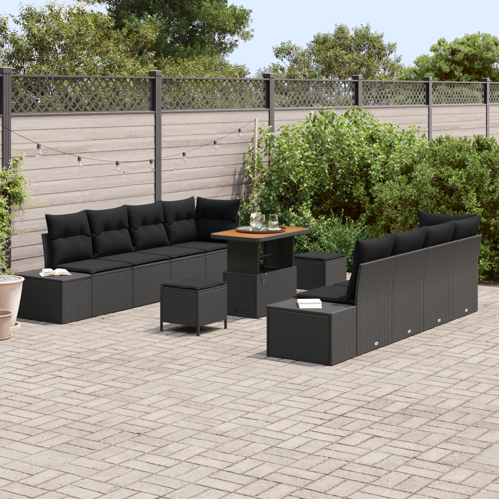 vidaXL 11-delige tuinset met kussens zwart poly rattan acacia