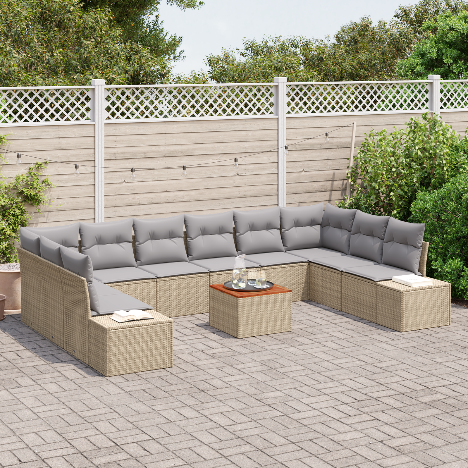 vidaXL 11-delige tuinsofa set met kussens in beige poly rattan en acacia