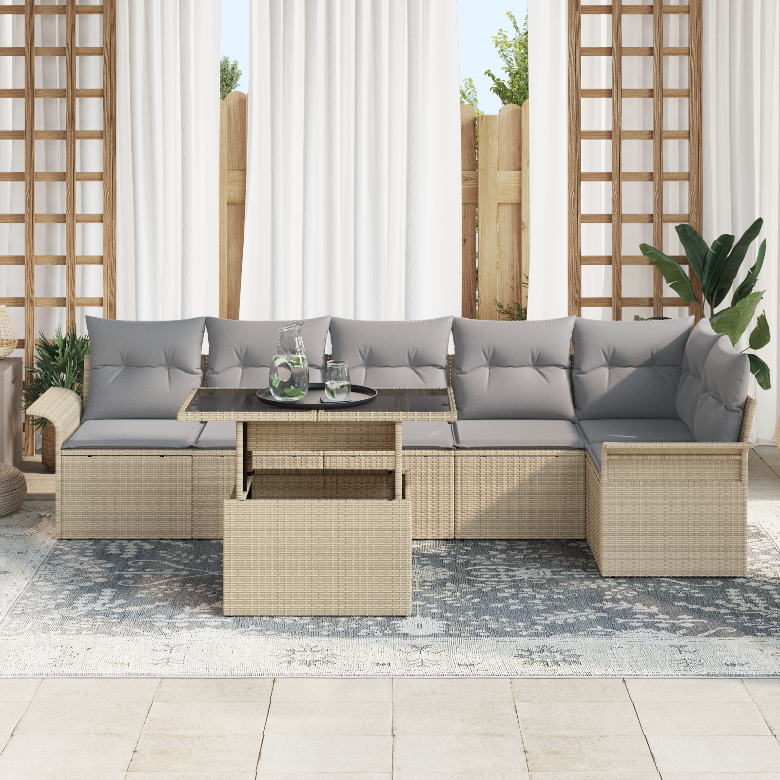 vidaXL 7-delige tuinbankset met kussens in beige poly rattan