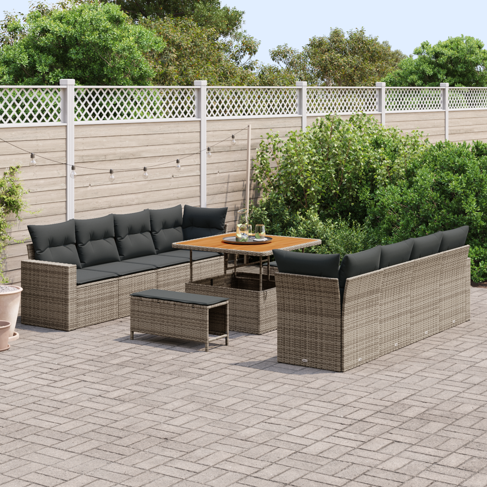 vidaXL 11-delige tuinbankset met kussens in het grijs van poly rieten en acacia
