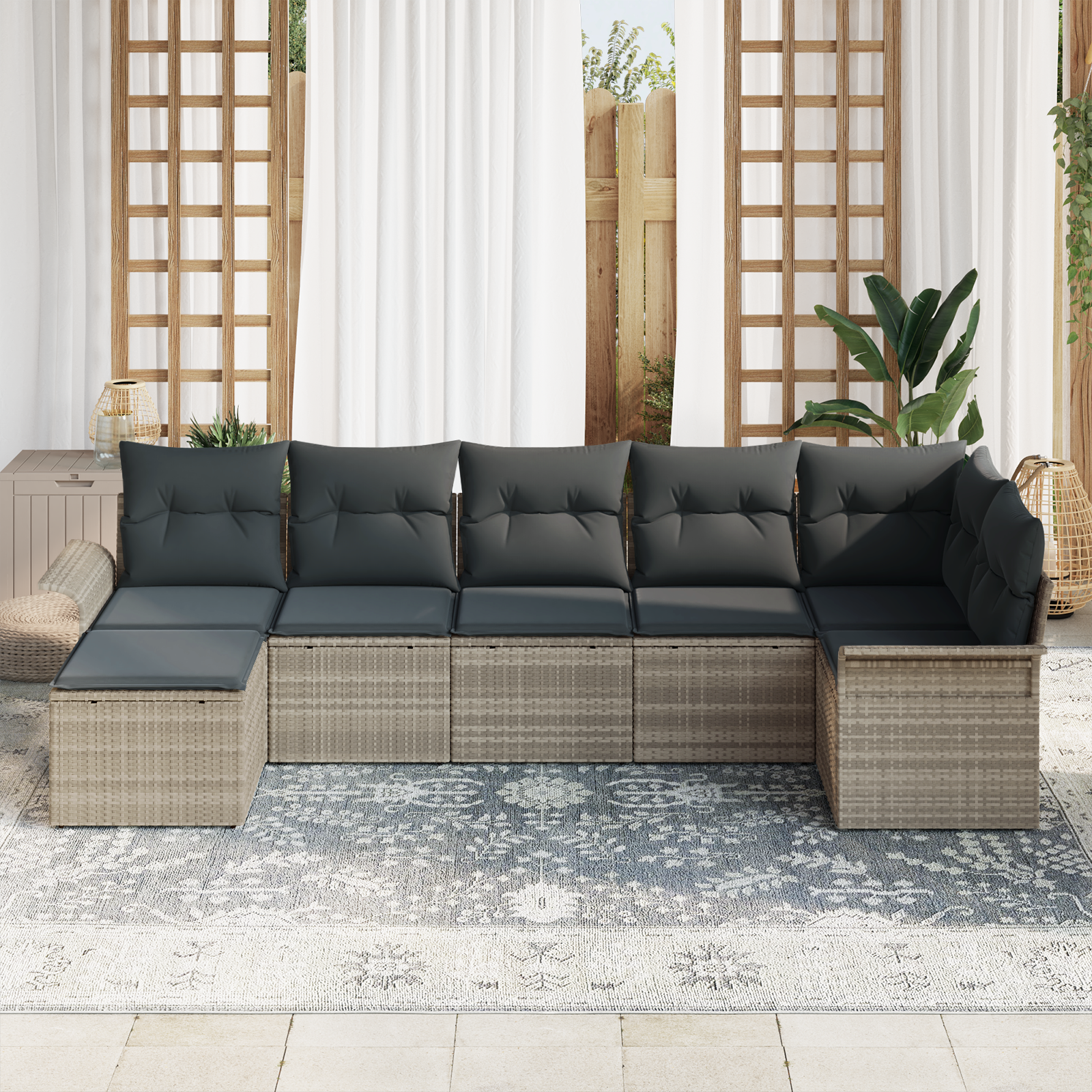 vidaXL 7-delige Tuinbankenset met kussens poly rattan lichtgrijs