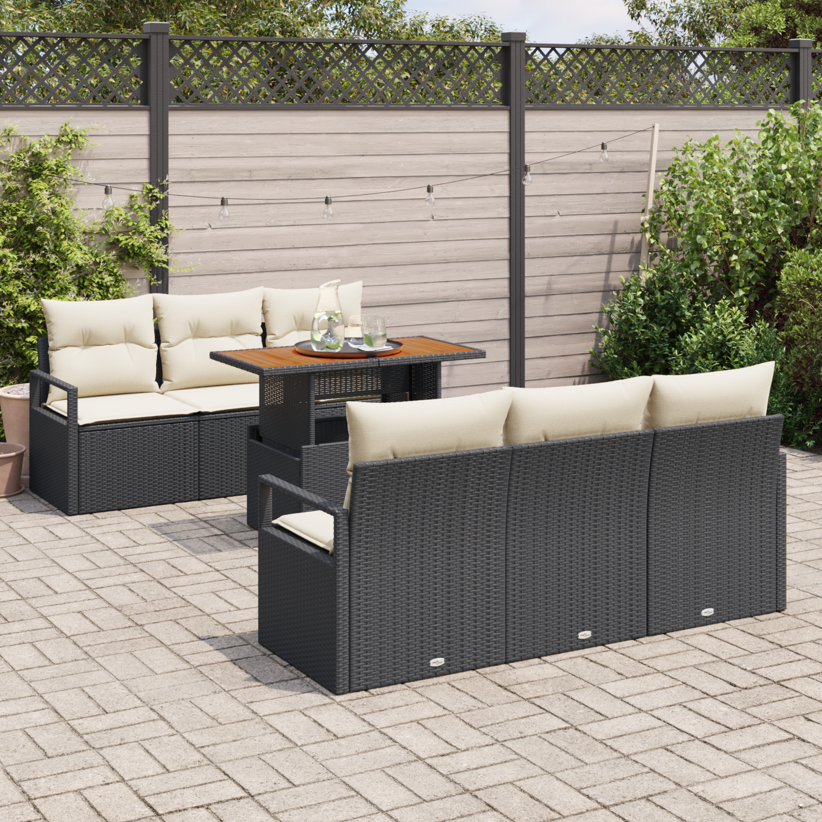 vidaXL 7 delige Tuinbankenset met kussens poly rattan acacia zwart