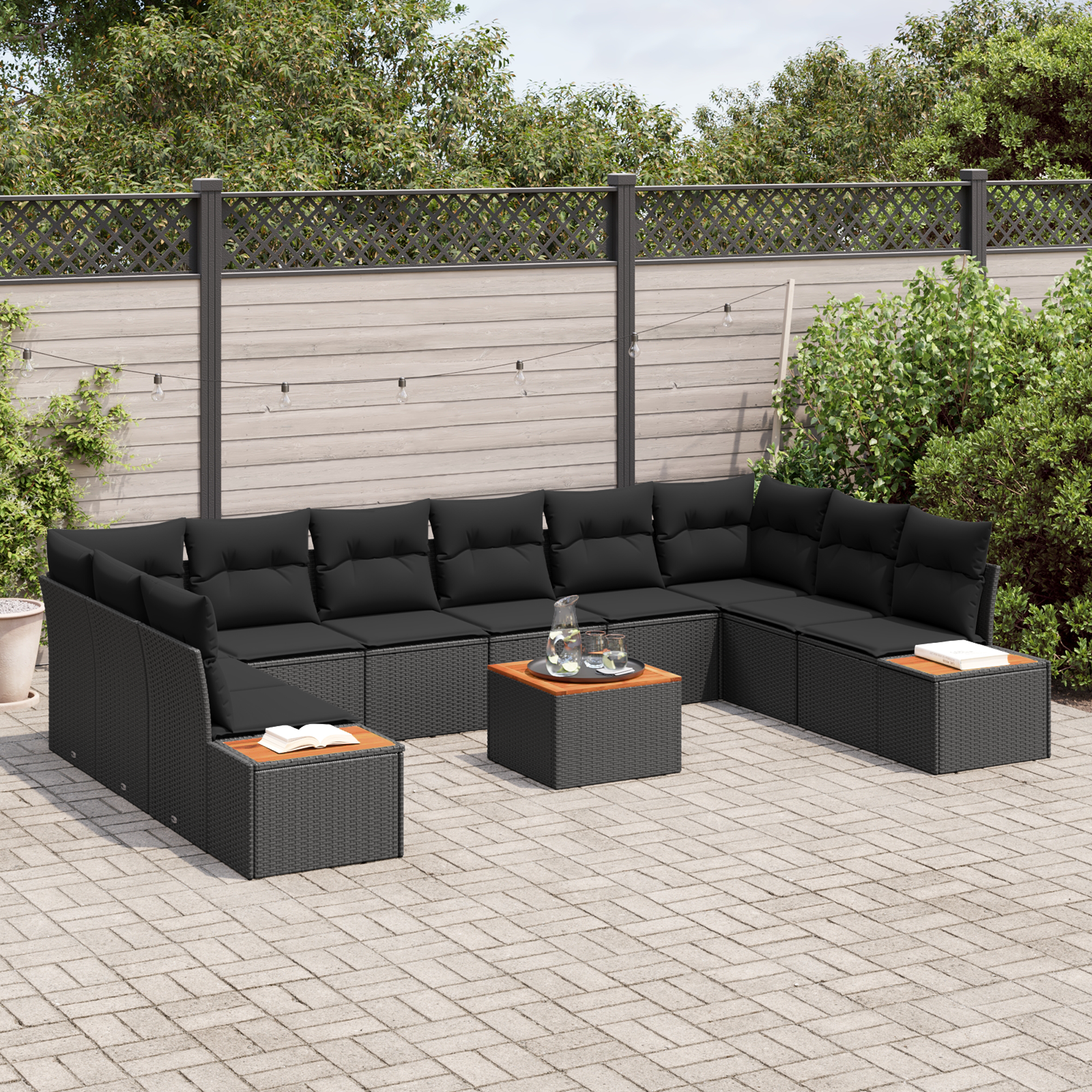 vidaXL 11-delige tuinsofa set met kussens zwart poly rattan acacia