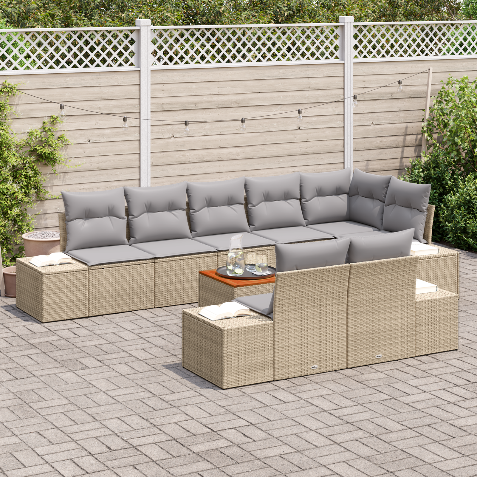 vidaXL 9-delige tuinset met kussens in beige poly rattan en acacia