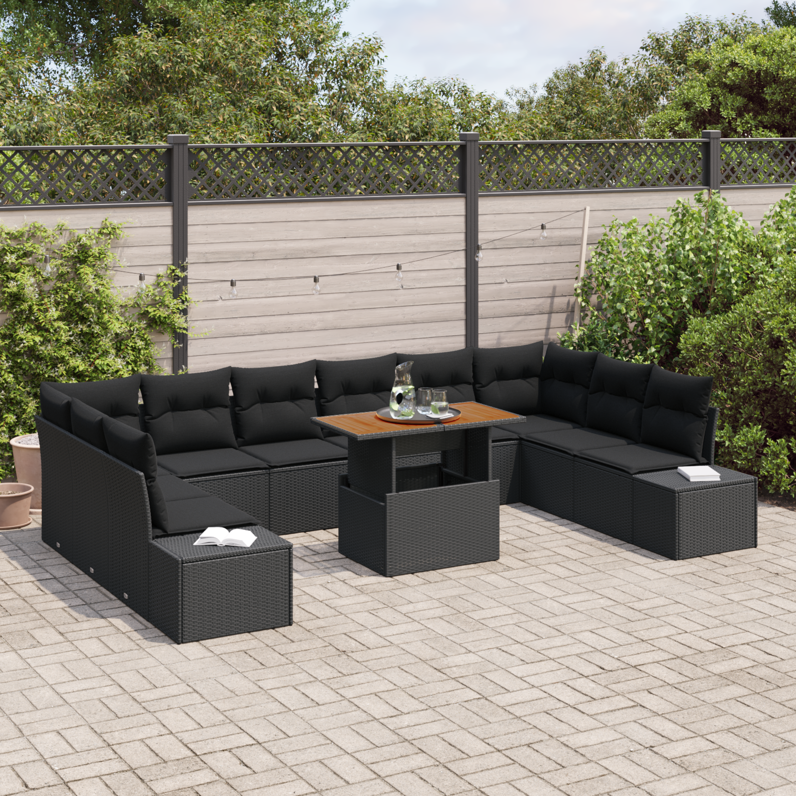 vidaXL 11-delige tuinsofa set met kussens zwart poly rattan