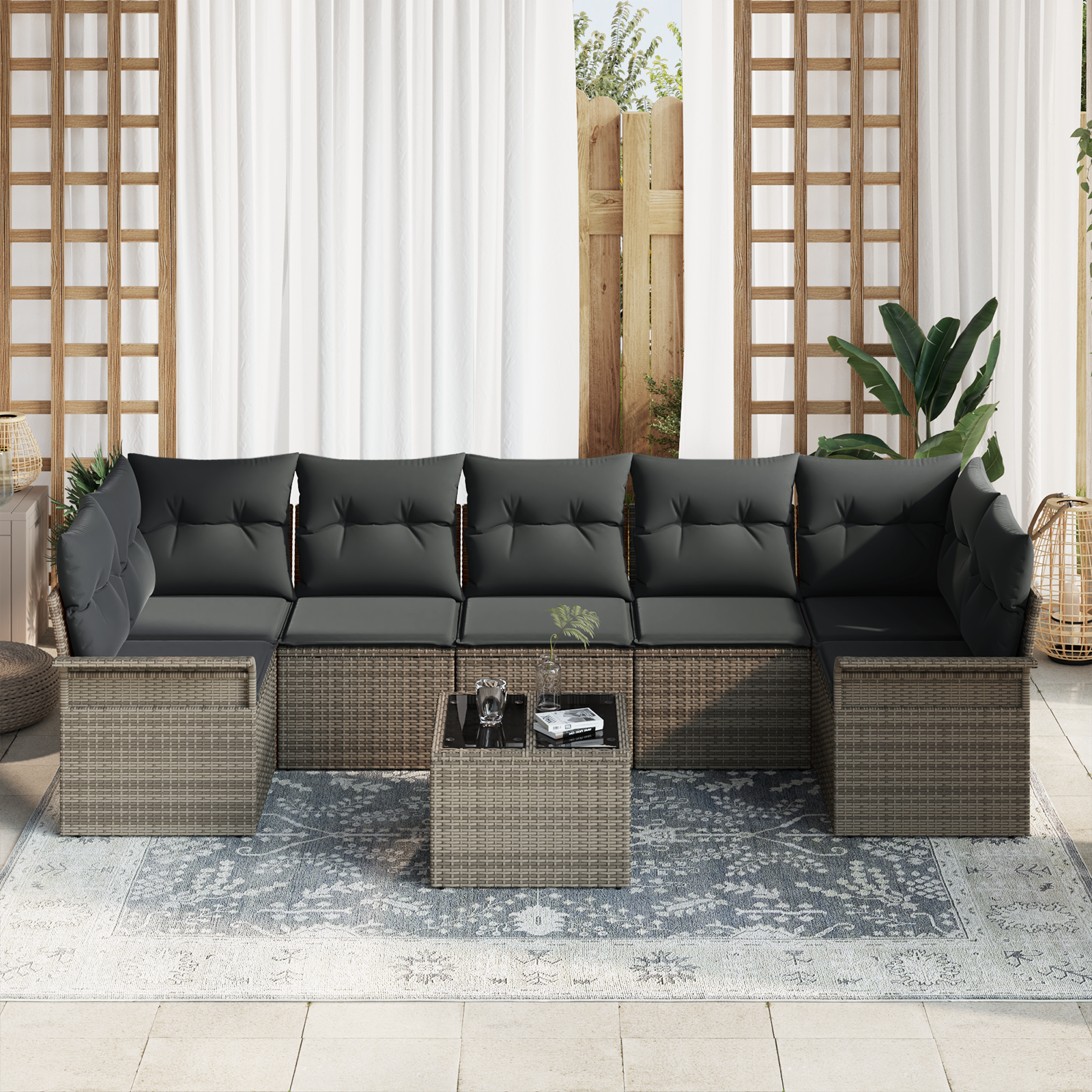 vidaXL 8-delige Tuinbankenset met kussens poly rattan grijs