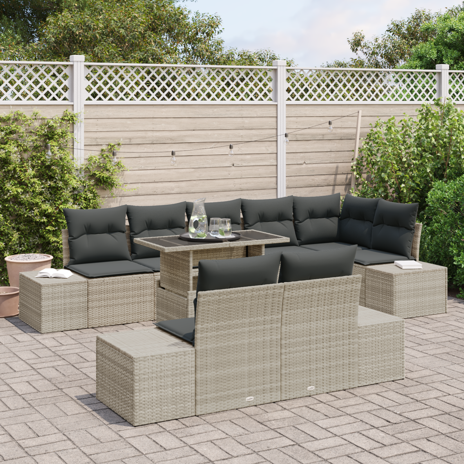 vidaXL 9-delige Tuinbankenset met kussens poly rattan lichtgrijs