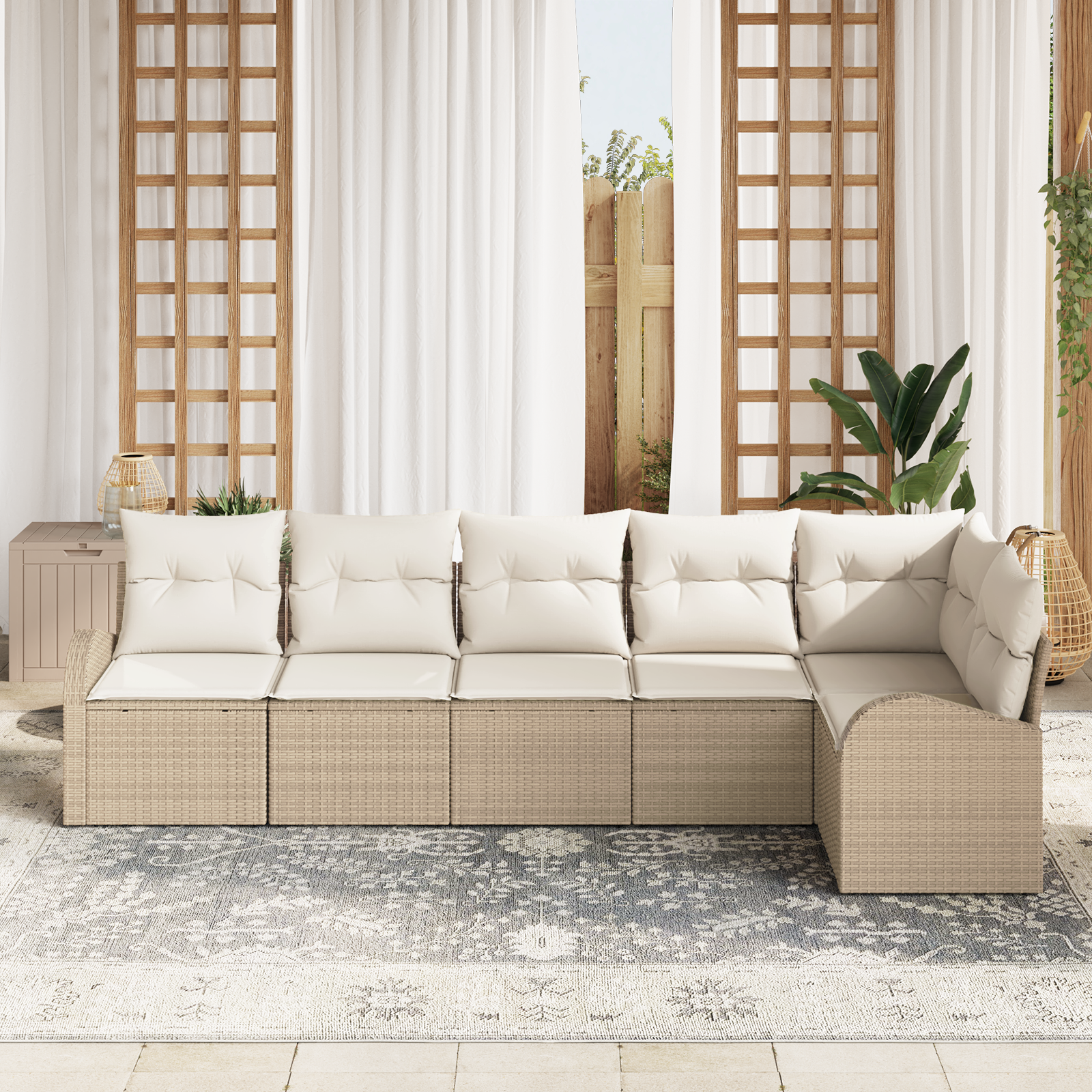 vidaXL 6-delige tuinset met kussens in beige poly rattan