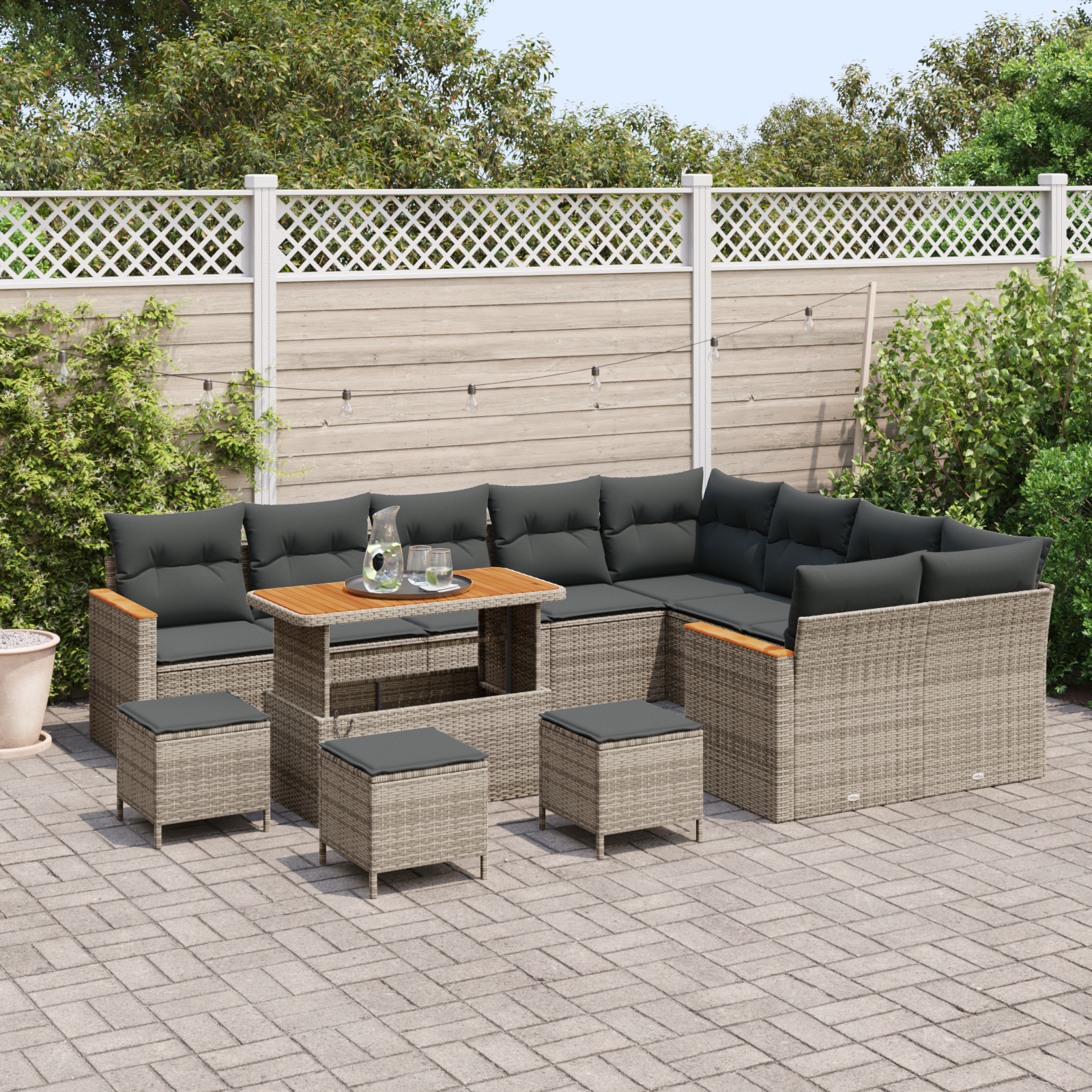 vidaXL 13-delige Tuinbankenset met kussens poly rattan acacia grijs