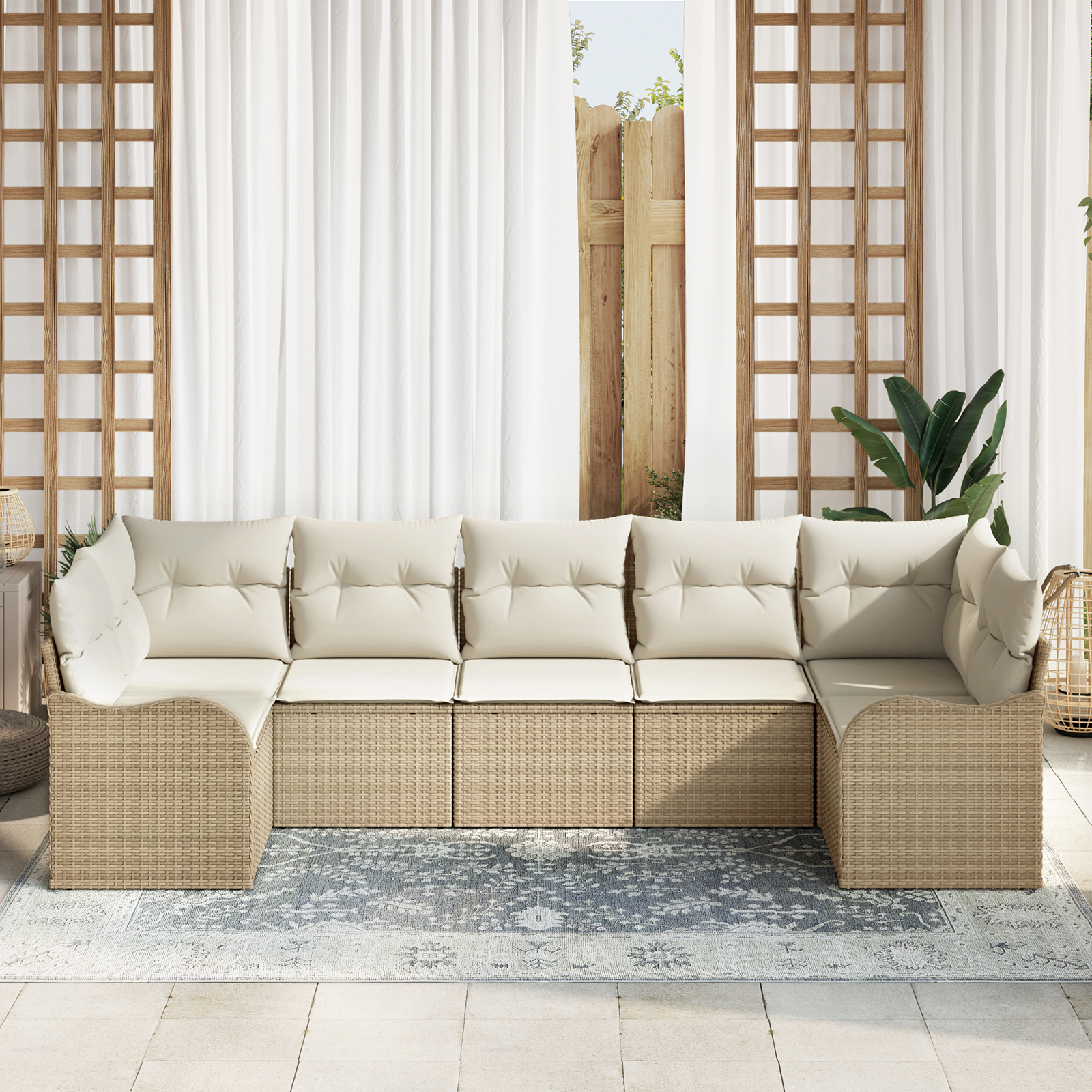vidaXL 7-delige Tuinbankenset met kussens poly rattan beige