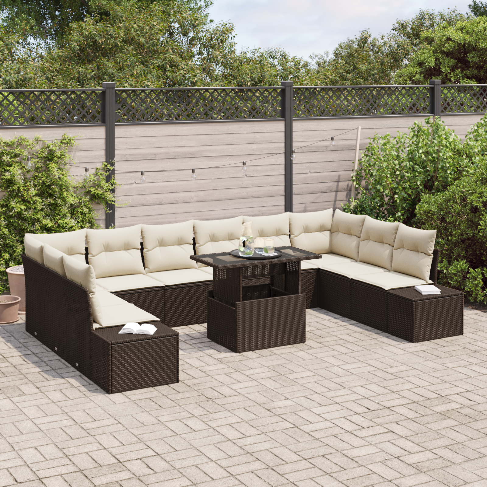 vidaXL 11-delige Tuinbankenset met kussens poly rattan bruin