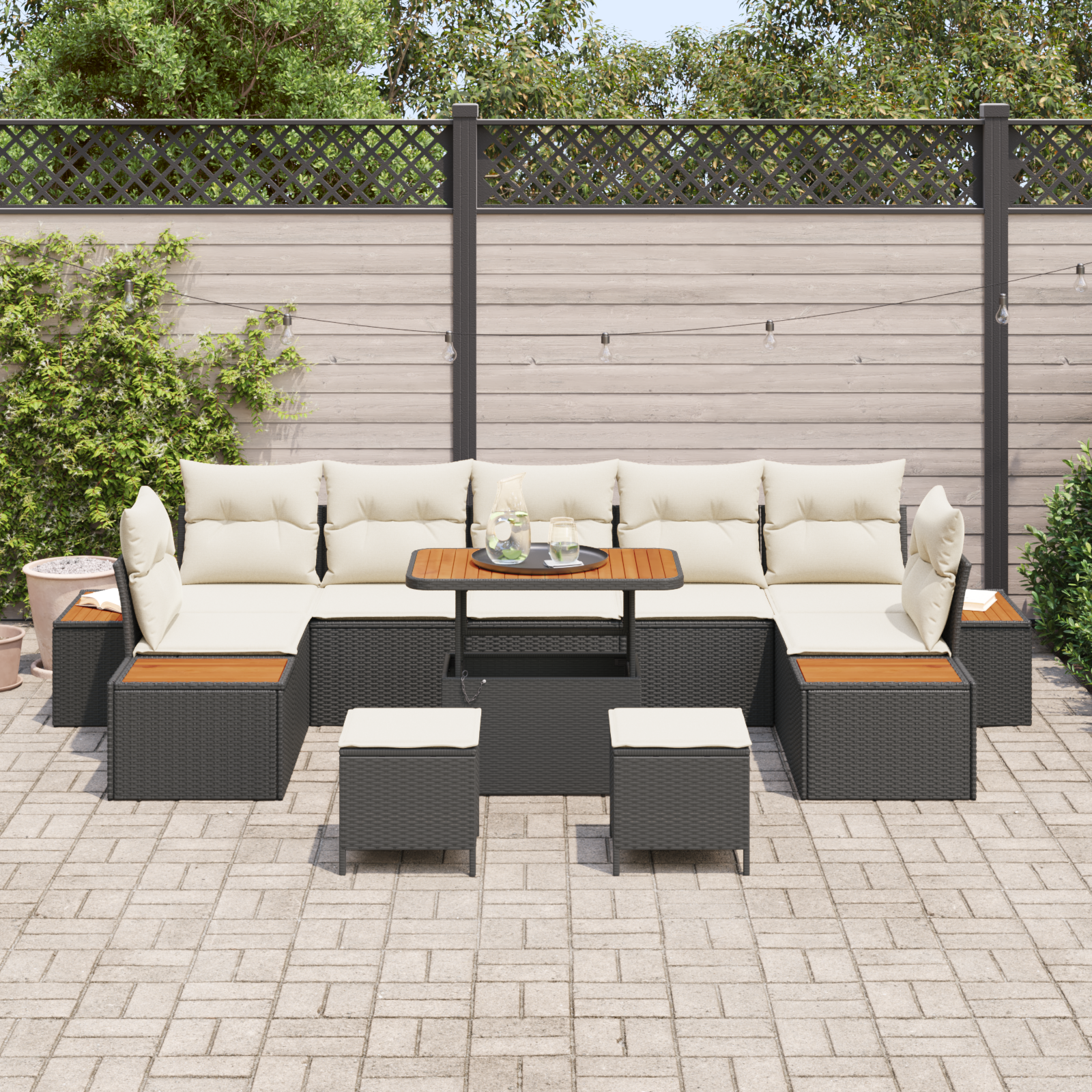 vidaXL 10-delige Tuinbankenset met kussens poly rattan acacia zwart