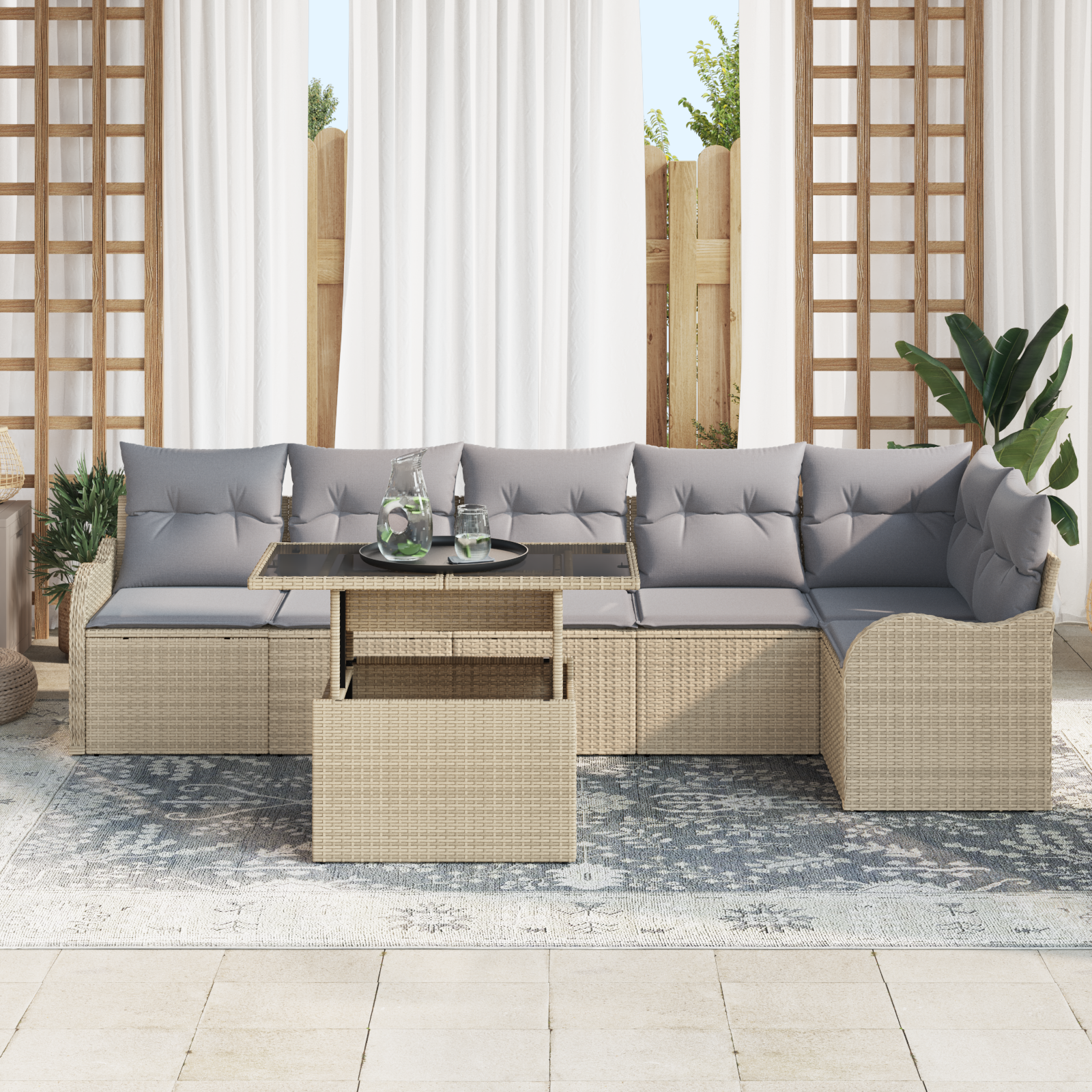 vidaXL 7-delige tuinset met kussens in beige poly rattan