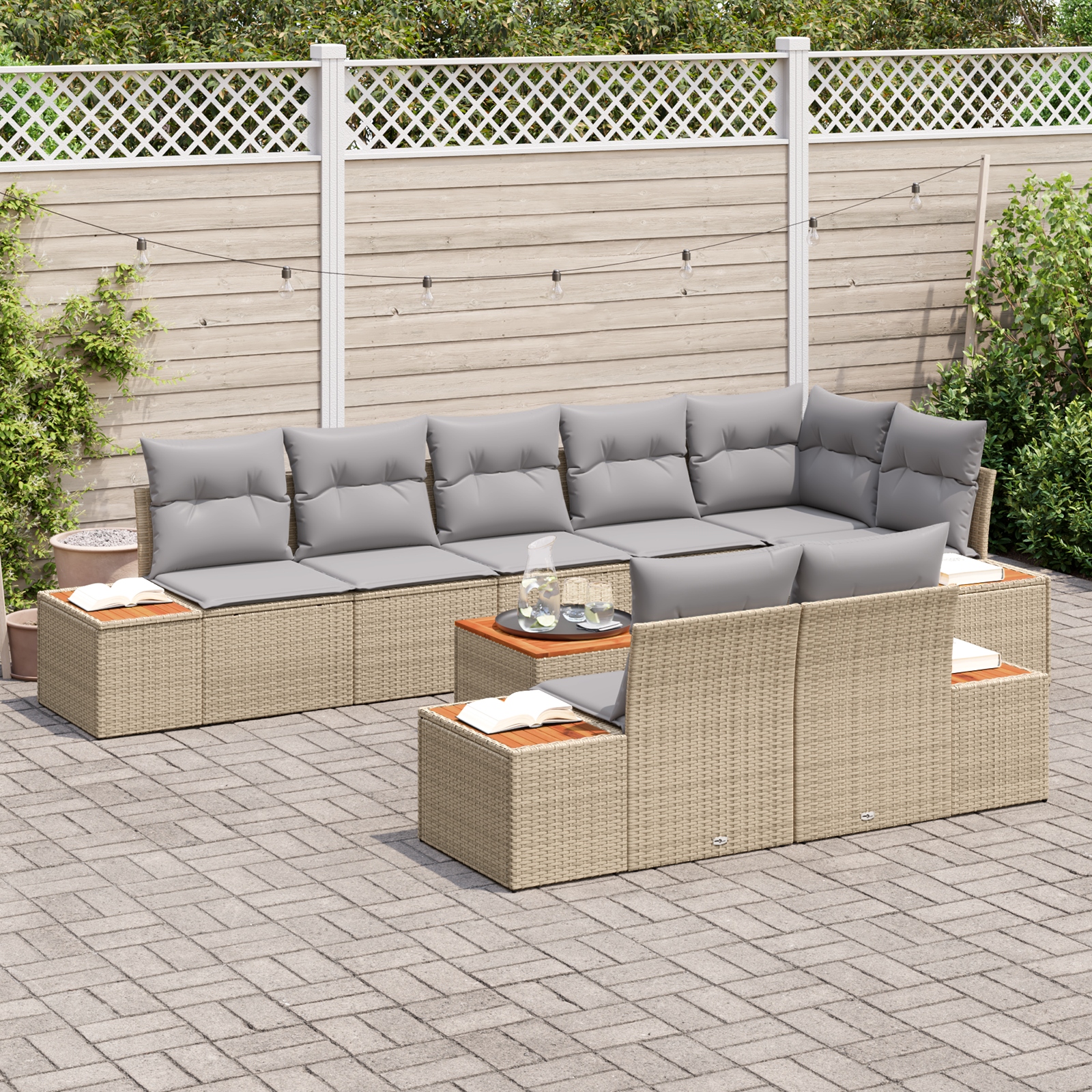 vidaXL 9-delige tuinbankset met kussens - Beige poly riet & acacia