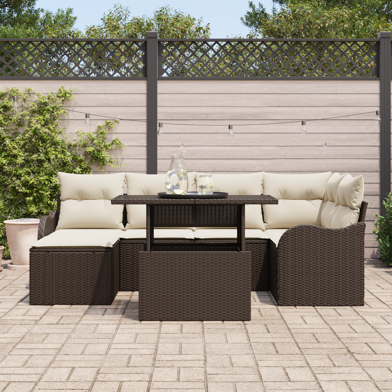 vidaXL 7-delige tuinbankset met kussens in bruin poly rattan