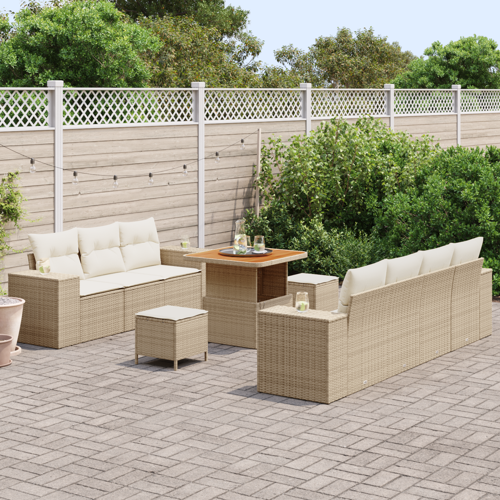 vidaXL 10-delige Tuinbankenset met kussens poly rattan acacia beige