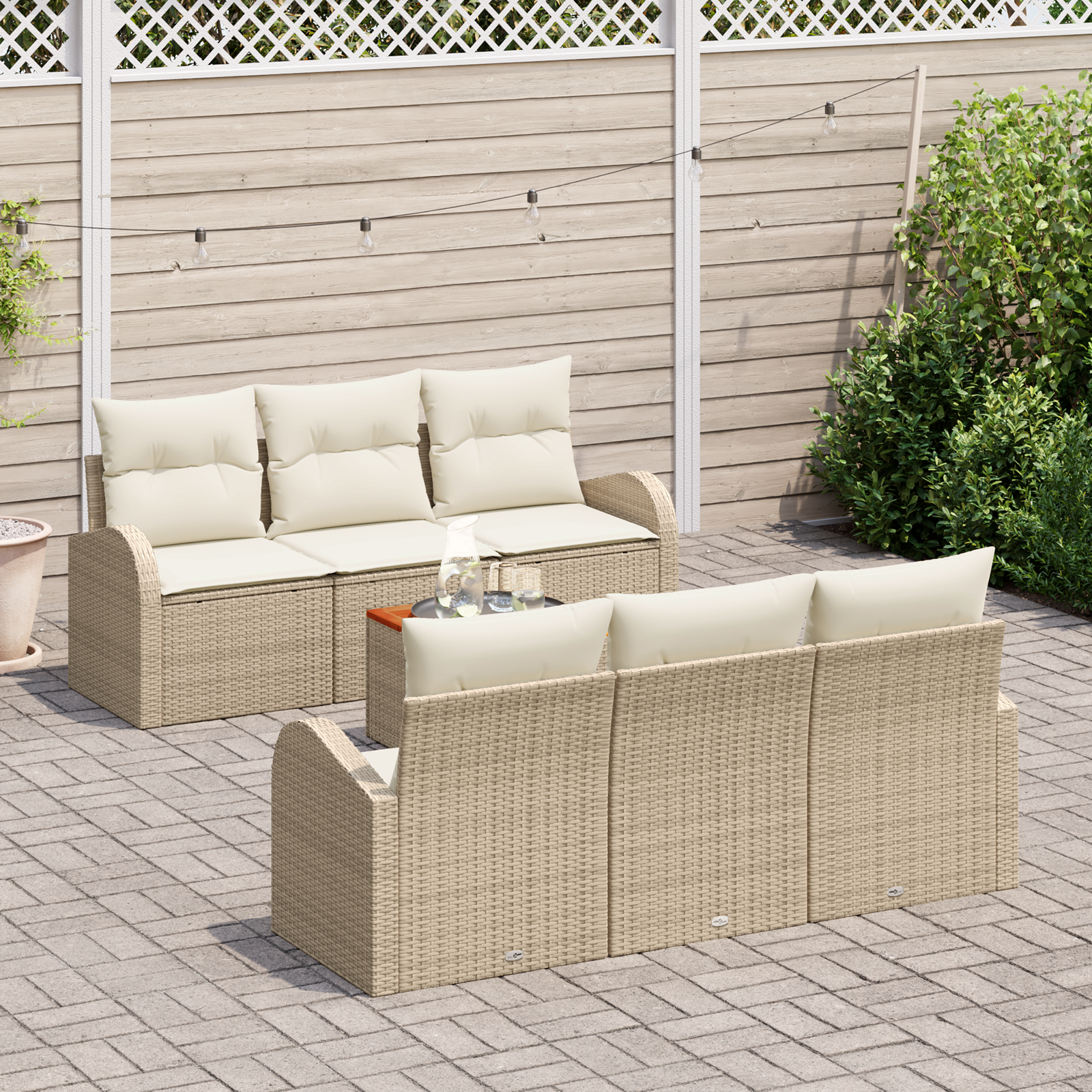 vidaXL 7-delige tuinbankset met kussens in beige poly rattan en acacia