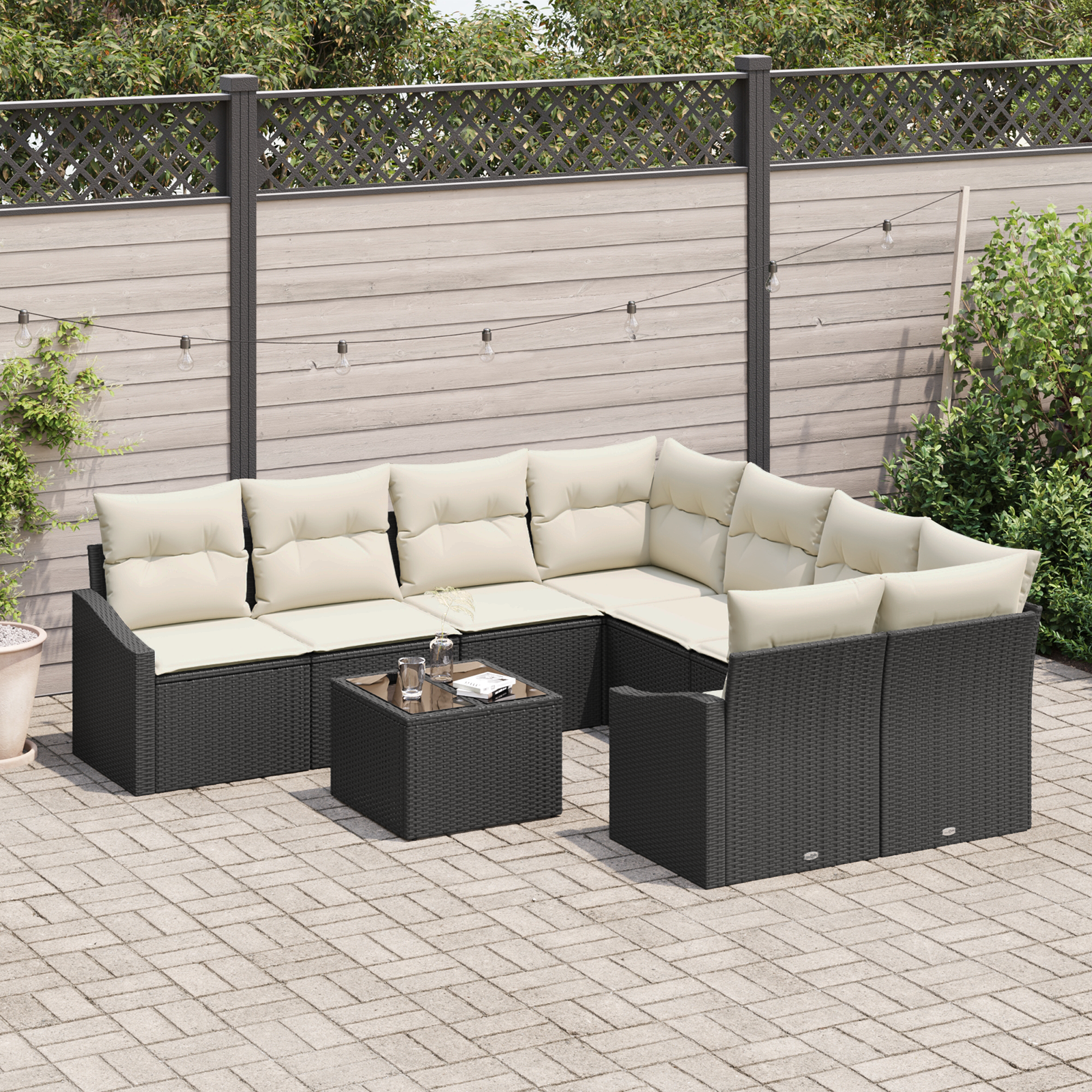vidaXL 9-delige Tuinbankenset met kussens poly rattan zwart