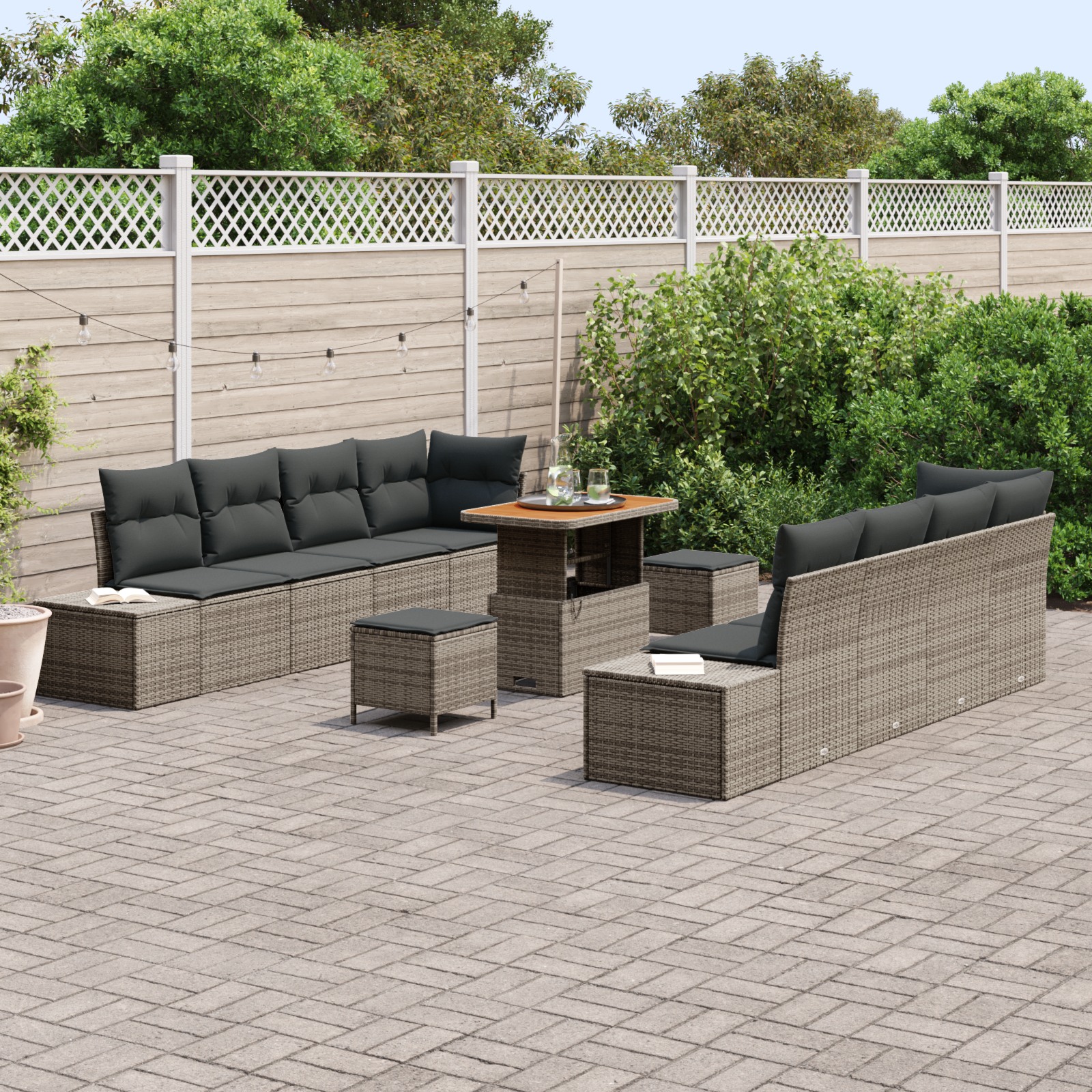 vidaXL 11-delige tuinset met kussens in grijs poly rattan en acacia