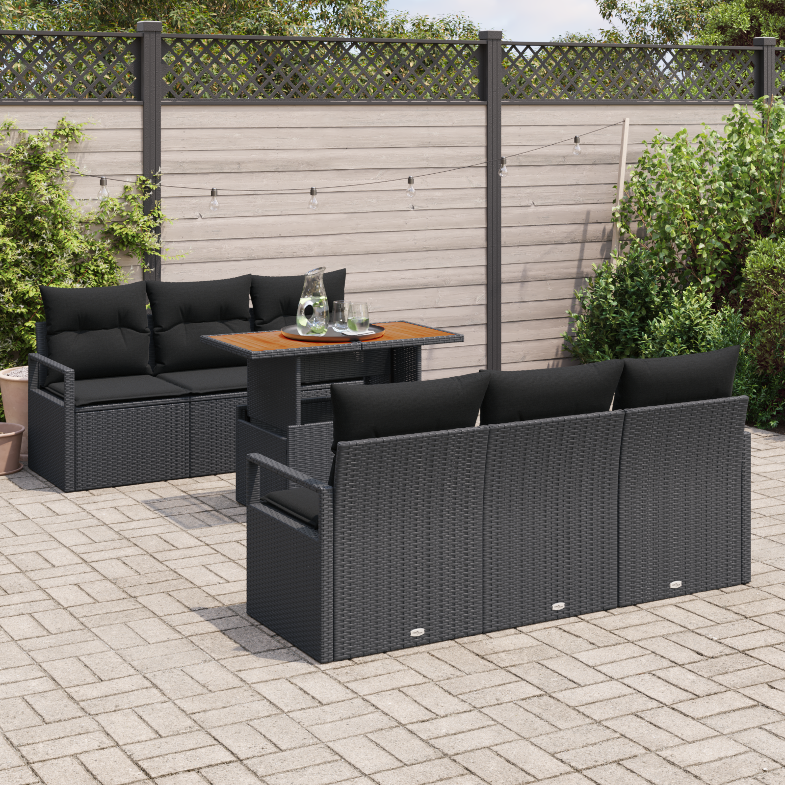 vidaXL 7-delige Tuinbankenset met kussens poly rattan acacia zwart