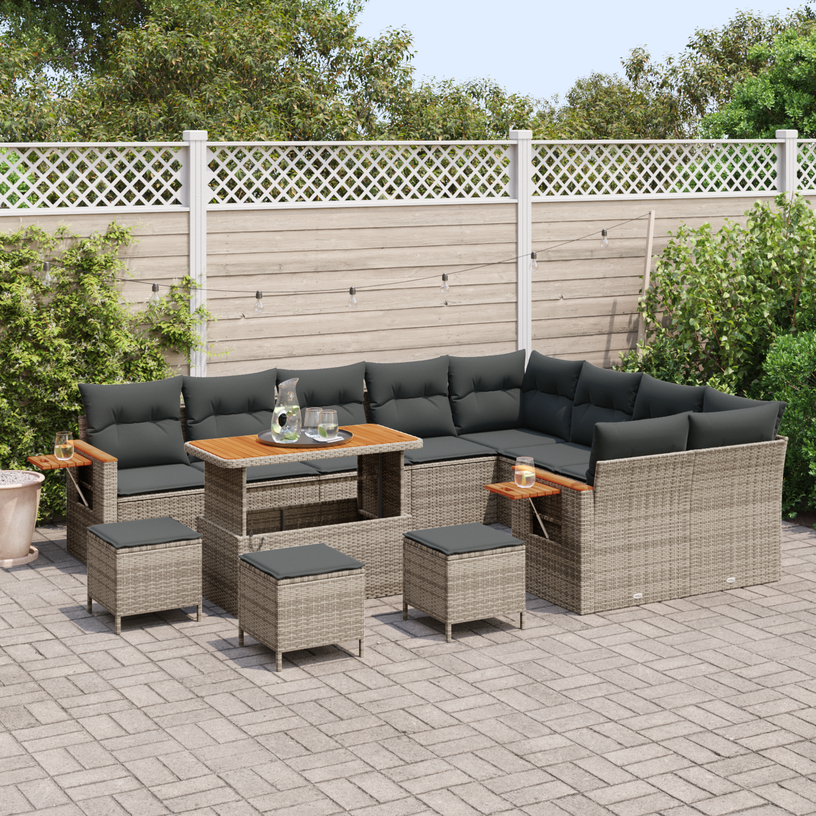 vidaXL 13-delige Tuinbankenset met kussens poly rattan acacia grijs