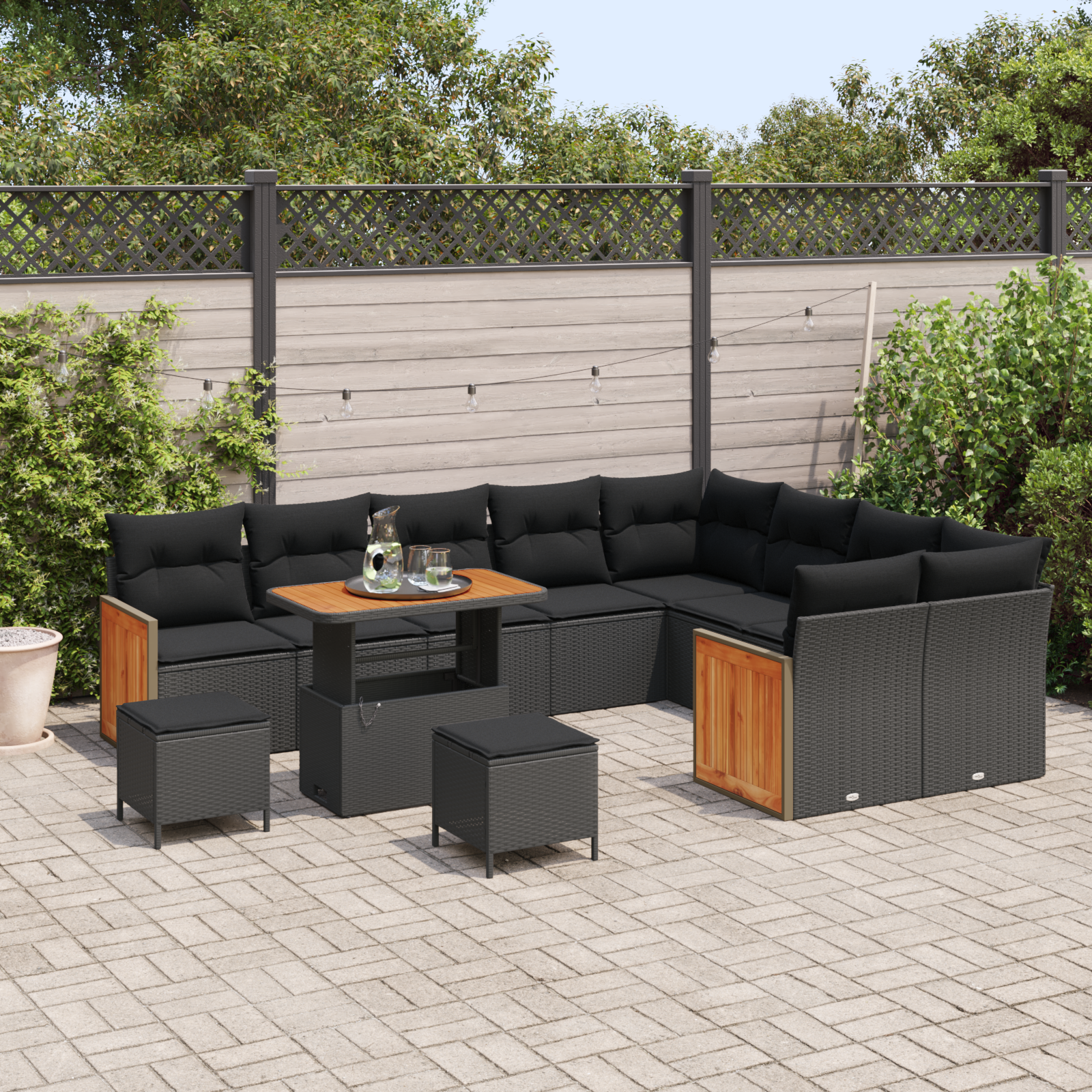 vidaXL 12-delige Tuinbankenset met kussens poly rattan acacia zwart