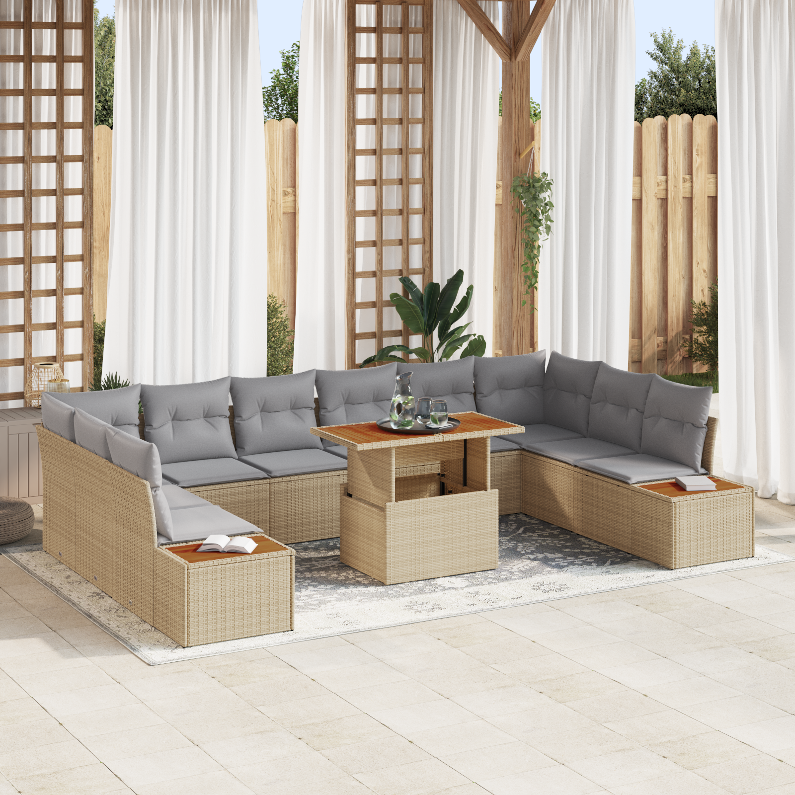 vidaXL 11-delige tuinset met kussens in beige poly rattan