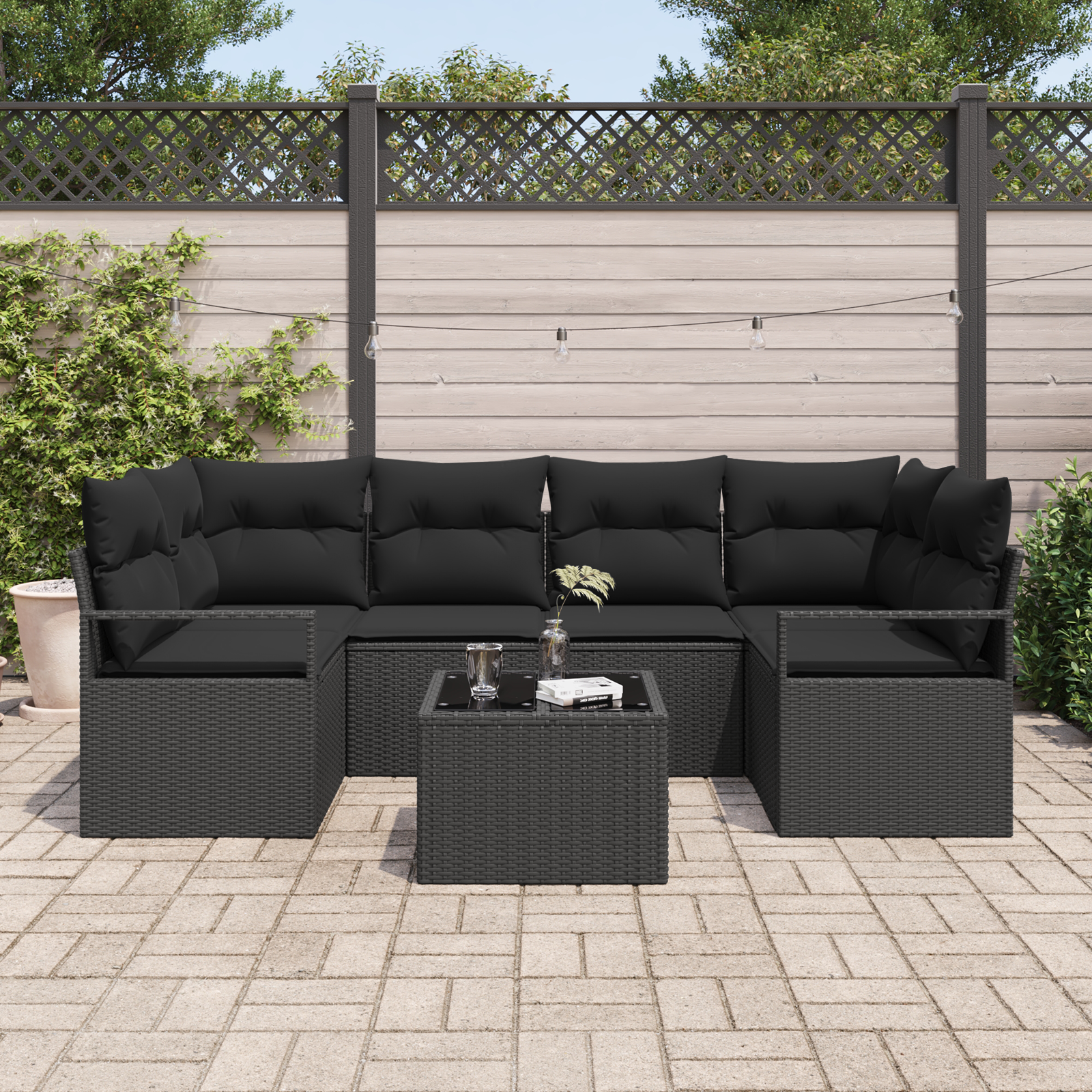 vidaXL 7-delige tuinset met kussens Zwart Poly Rattan
