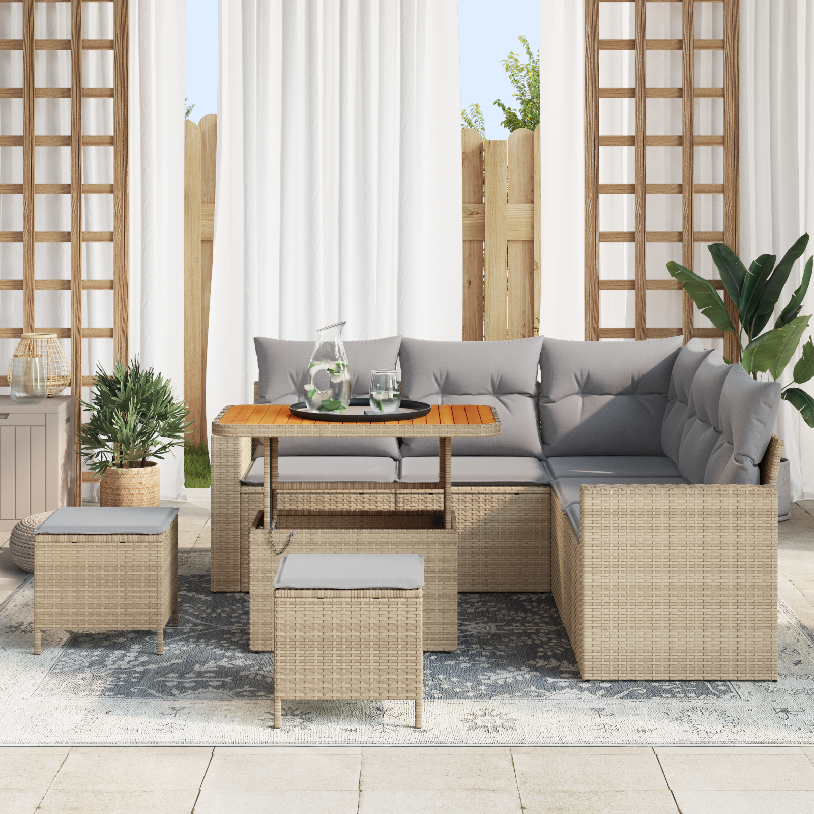vidaXL 8-delige tuinset met kussens in beige poly rattan en acacia