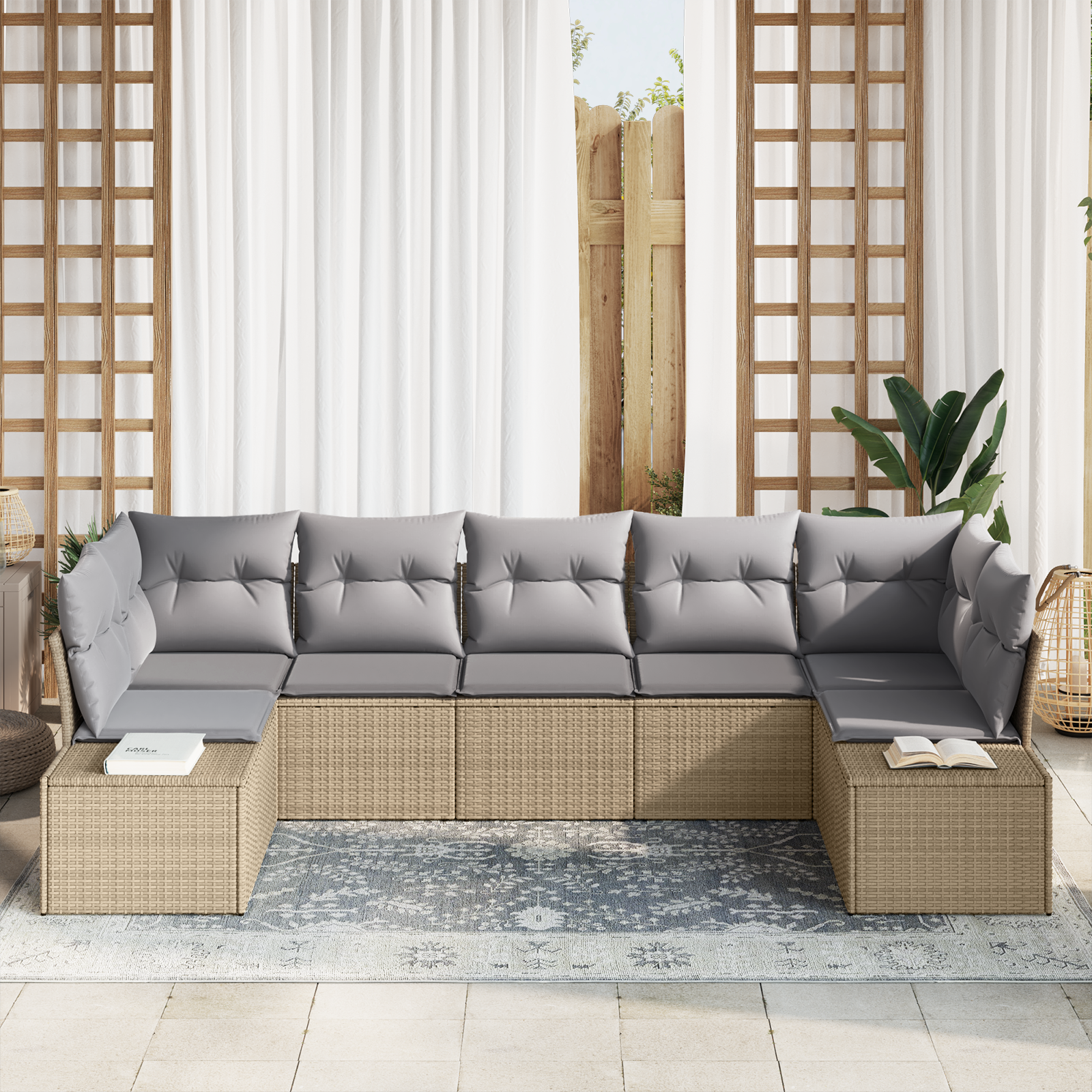 vidaXL 7-delige tuinset met kussens in beige poly rattan