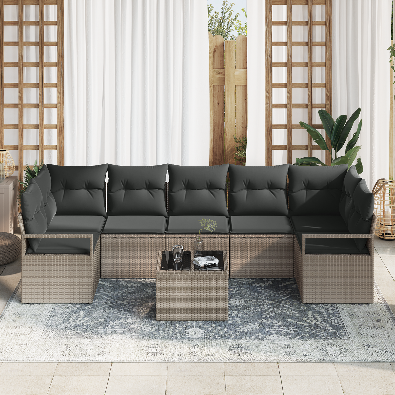 vidaXL 8-delige tuinset met kussens in grijs poly rattan