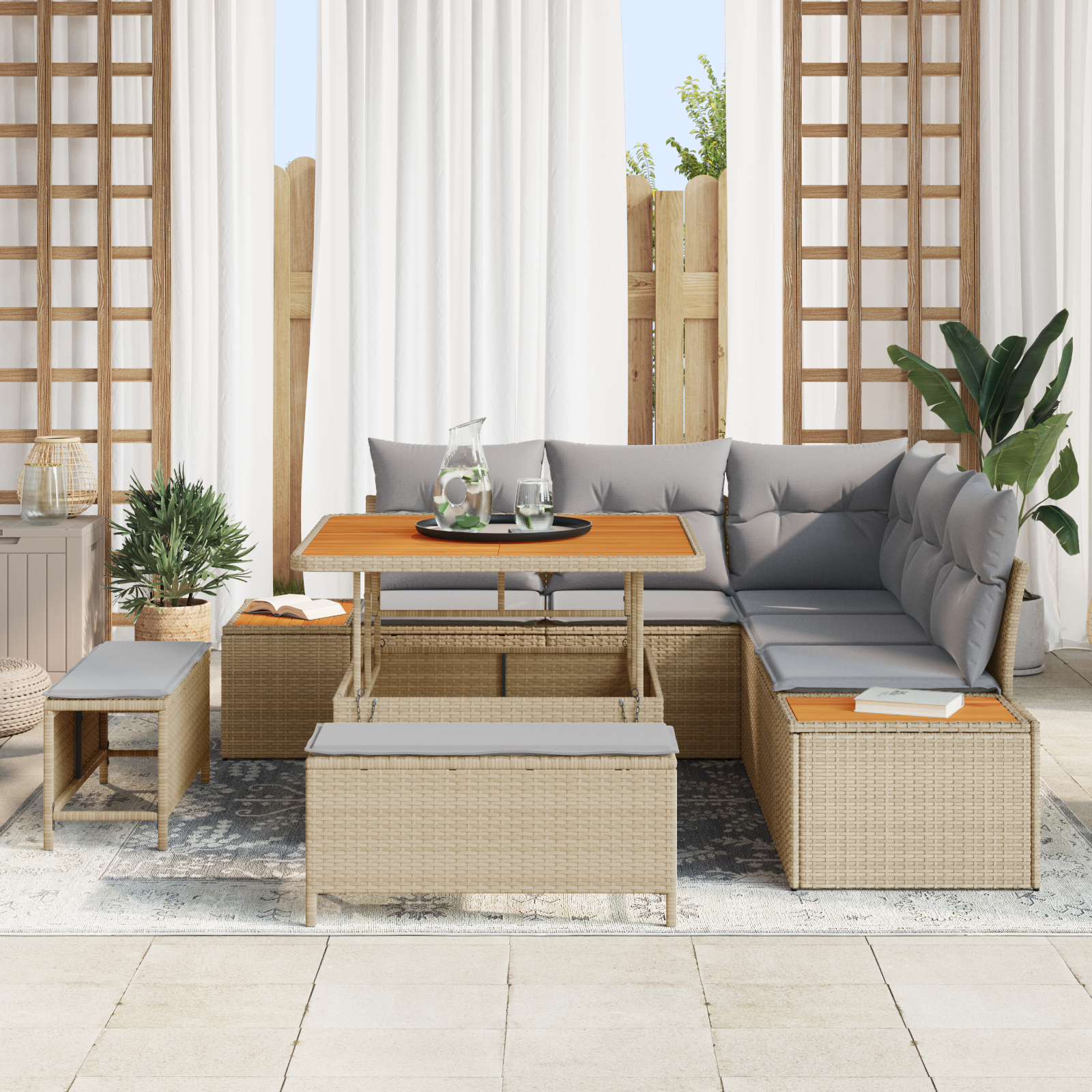 vidaXL 8-delige Tuinbankenset met kussens poly rattan acacia beige