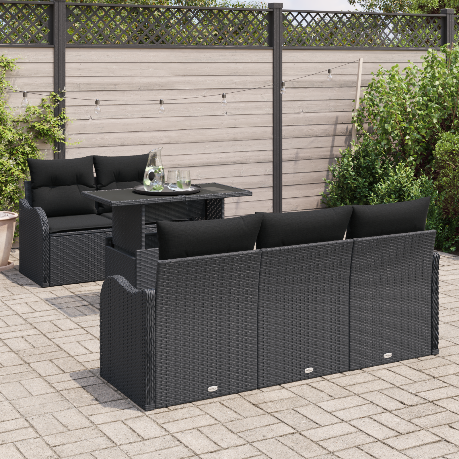 vidaXL 6-delige Tuinbankenset met kussens poly rattan zwart