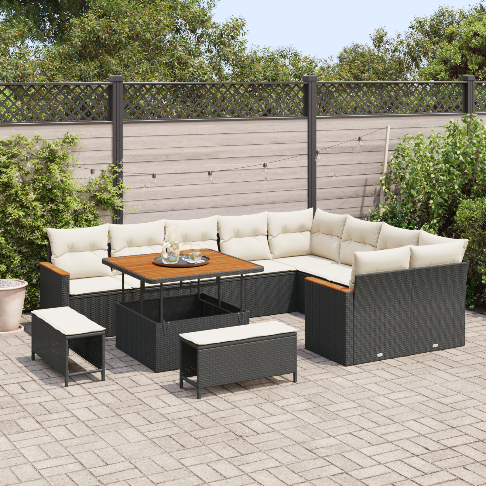 vidaXL 12-delige Tuinbankenset met kussens poly rattan acacia zwart