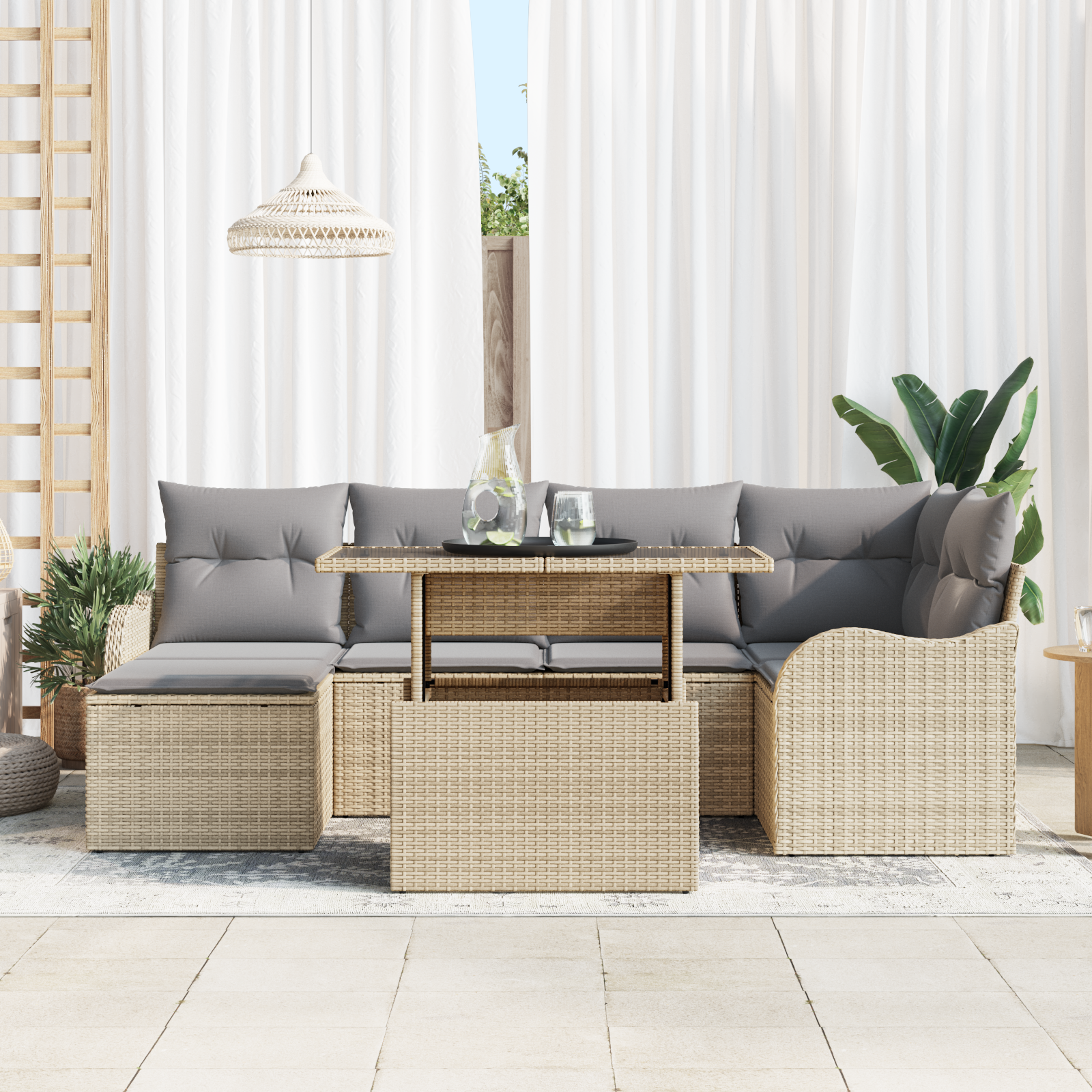 vidaXL 7-delige tuinset met kussens in beige poly rattan