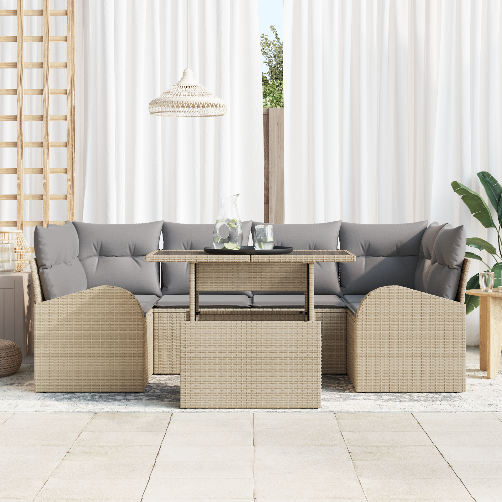 vidaXL 7-delige tuinbankset met kussens in beige poly rattan